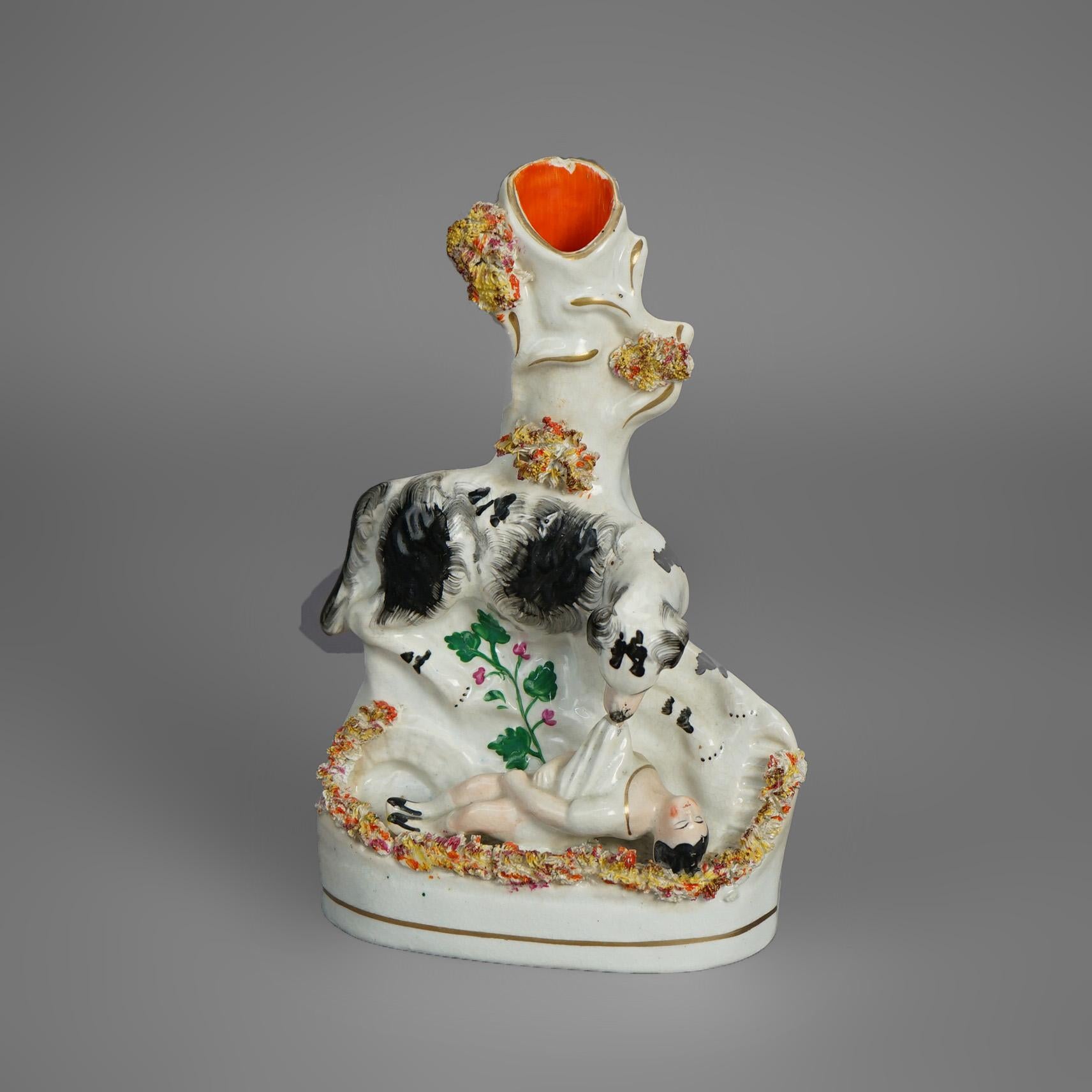 19th Century Antique Pair of Polychromed & Gilt Porcelain Spill Vases, Child & Dog, C1870 For Sale