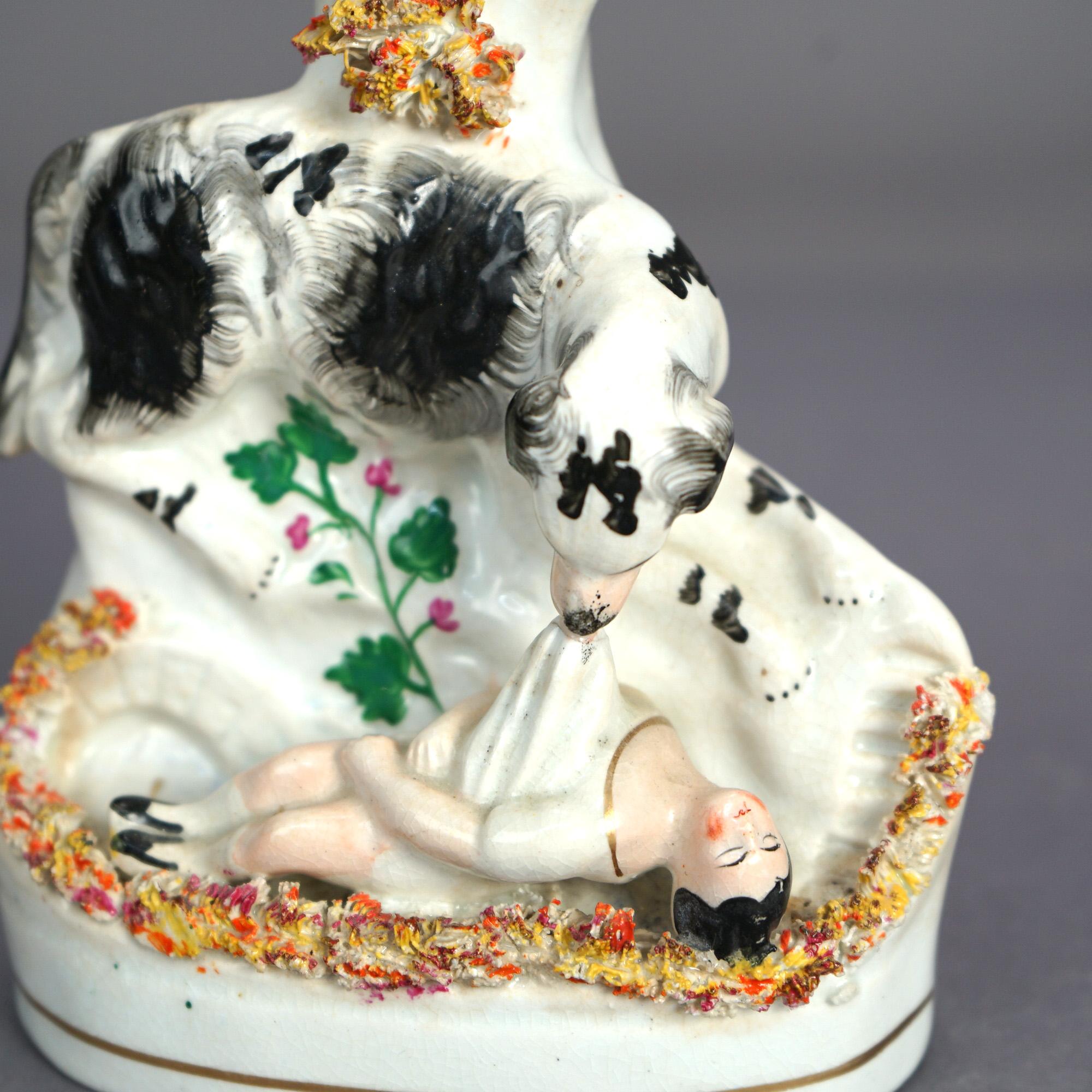 Porcelaine Paire de vases de déversement en porcelaine polychromée et dorée, enfant et chien, C1870 en vente