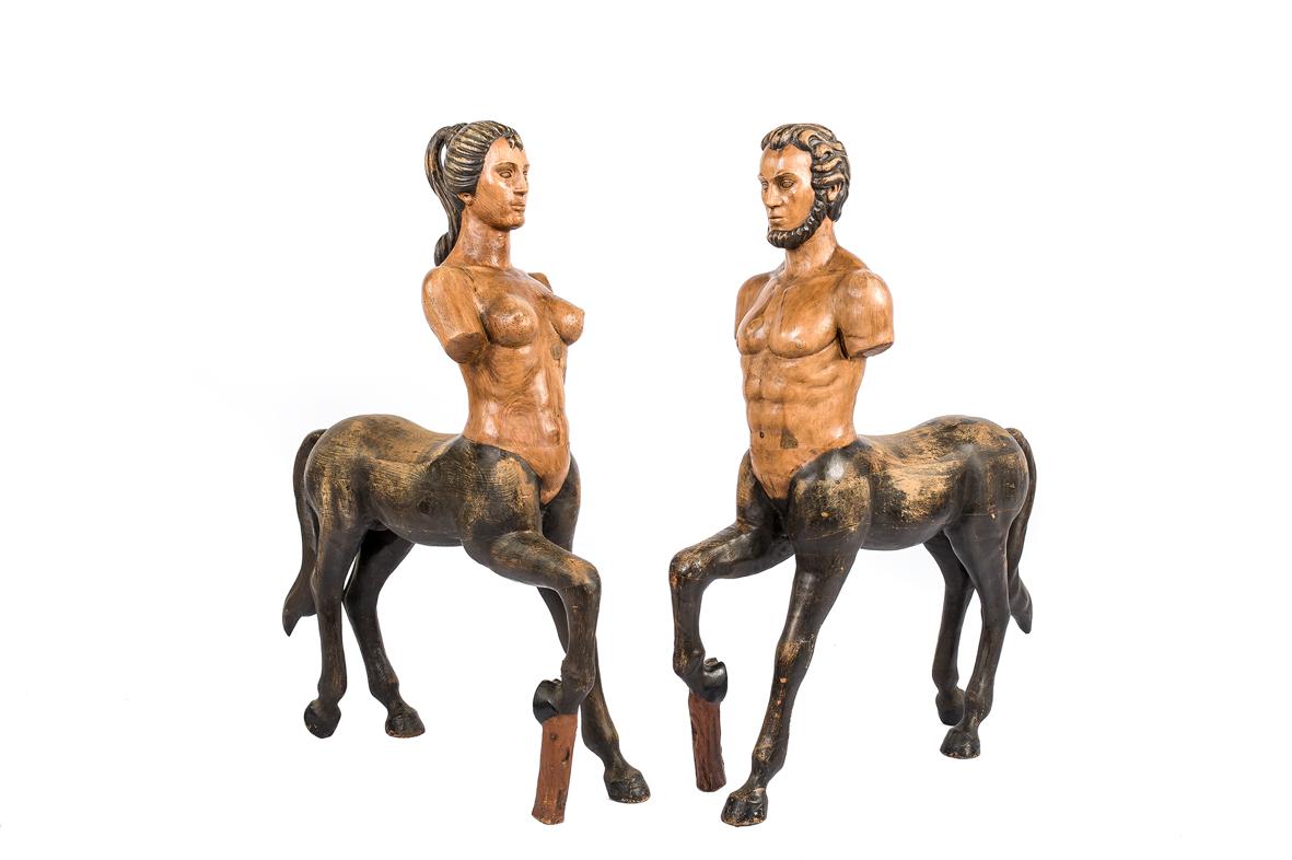 Classical Greek Antique Pair of Polychromed Pine Centaur Statues Made in France, circa 1900