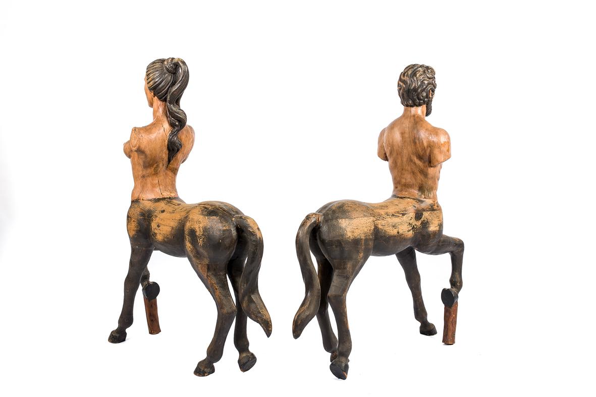 French Antique Pair of Polychromed Pine Centaur Statues Made in France, circa 1900