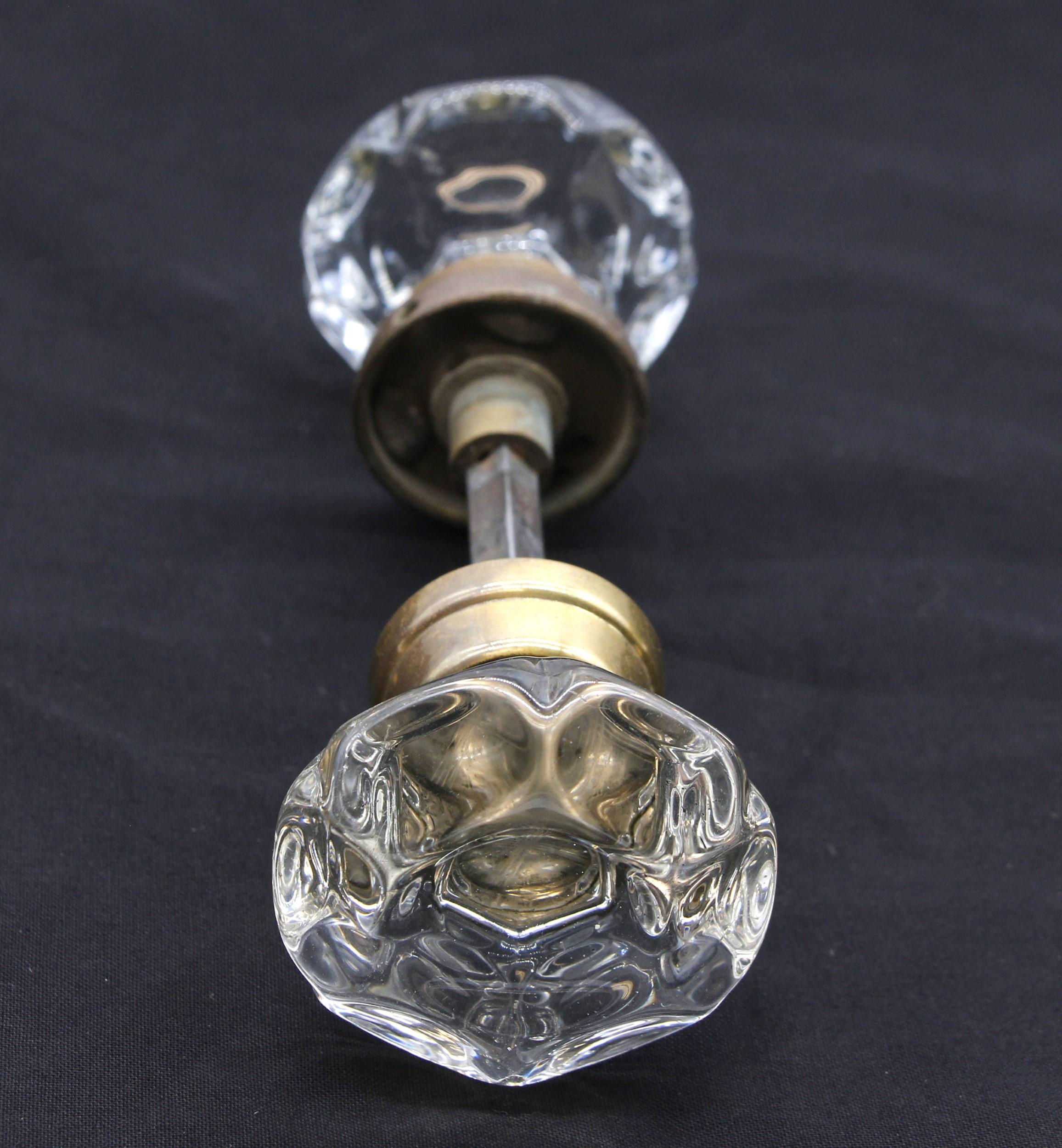 Antique Pair of Punted Glass X Center Doorknobs w Brass Hardware 2