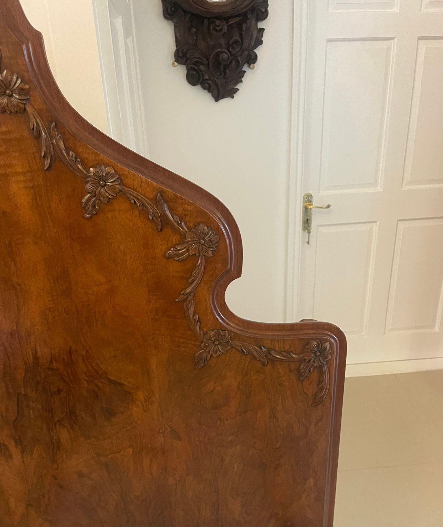 Antique pair of fine quality carved burr walnut single beds in the Queen Anne style having attractive shaped burr walnut headboards with fantastic quality leaf and foliage carving. The footboards have carved solid walnut shaped scrolls each side and