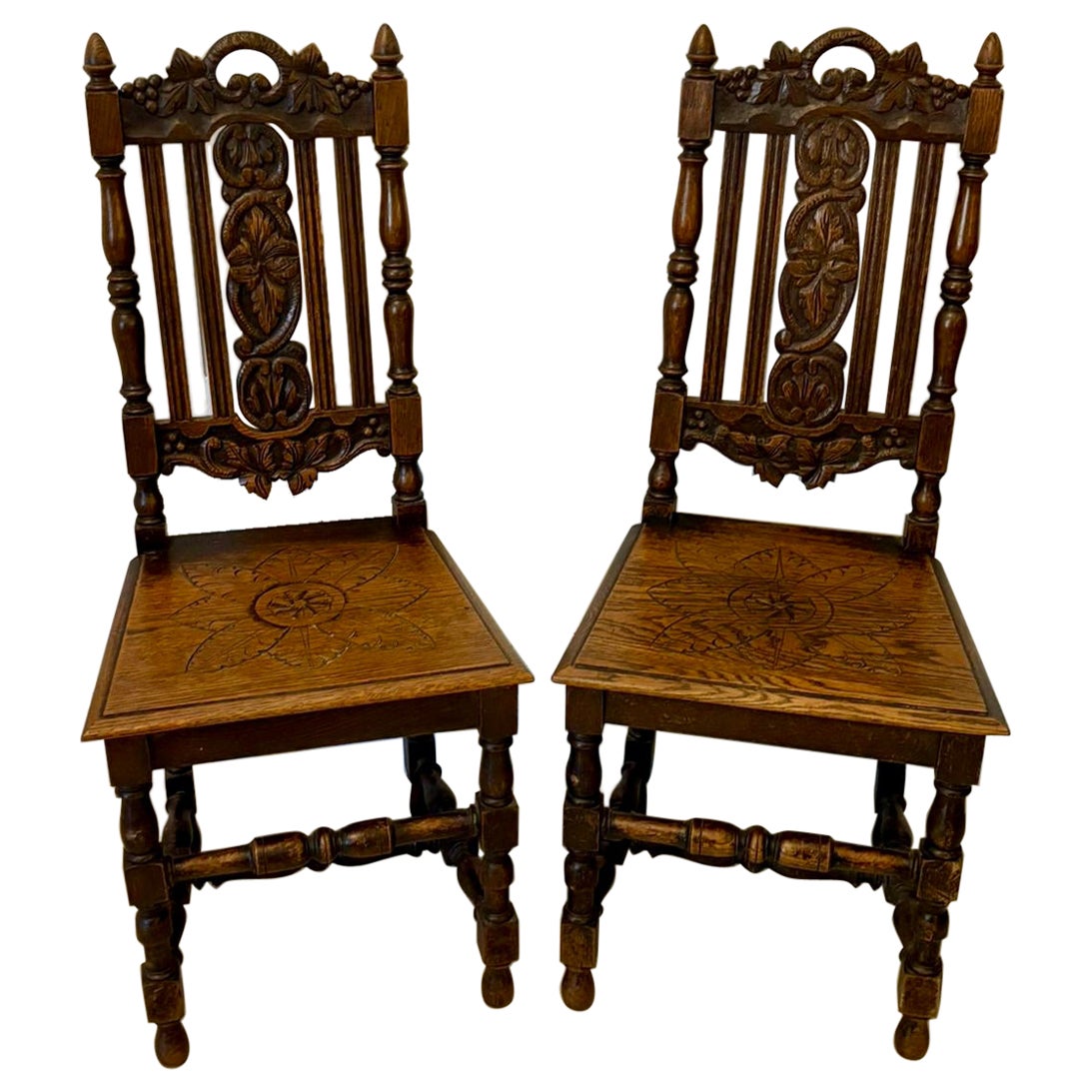 Antique Pair of Quality Carved Oak Side/Hall Chairs