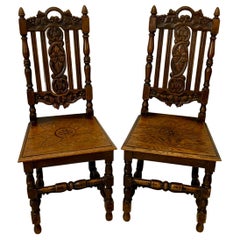 Antique Pair of Quality Carved Oak Side/Hall Chairs