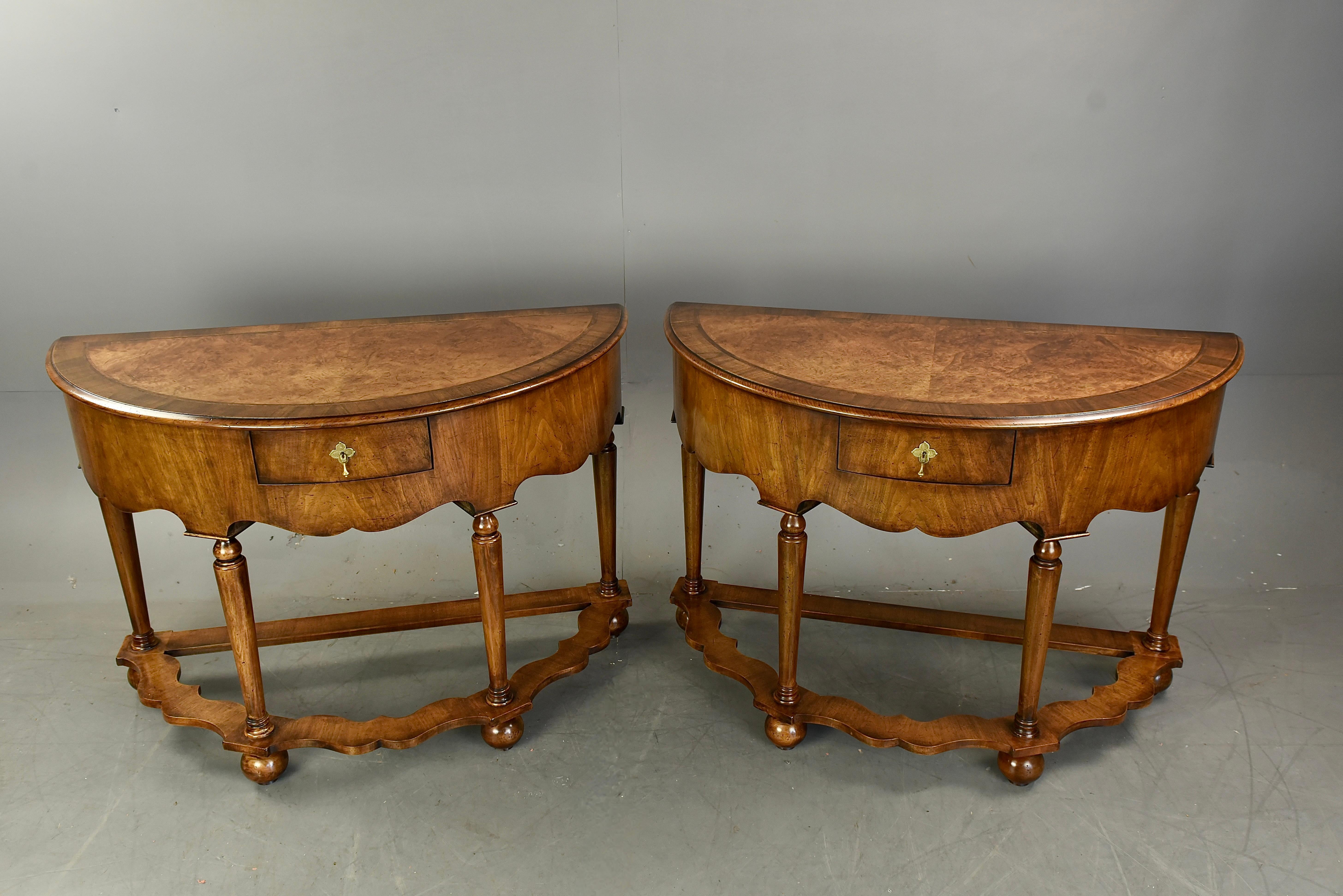 English Antique pair of Queen Anne Demi lune console tables 