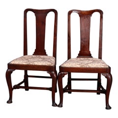 Antique Pair of Queen Anne New England Carved Mahogany Side Chairs, Circa 1760