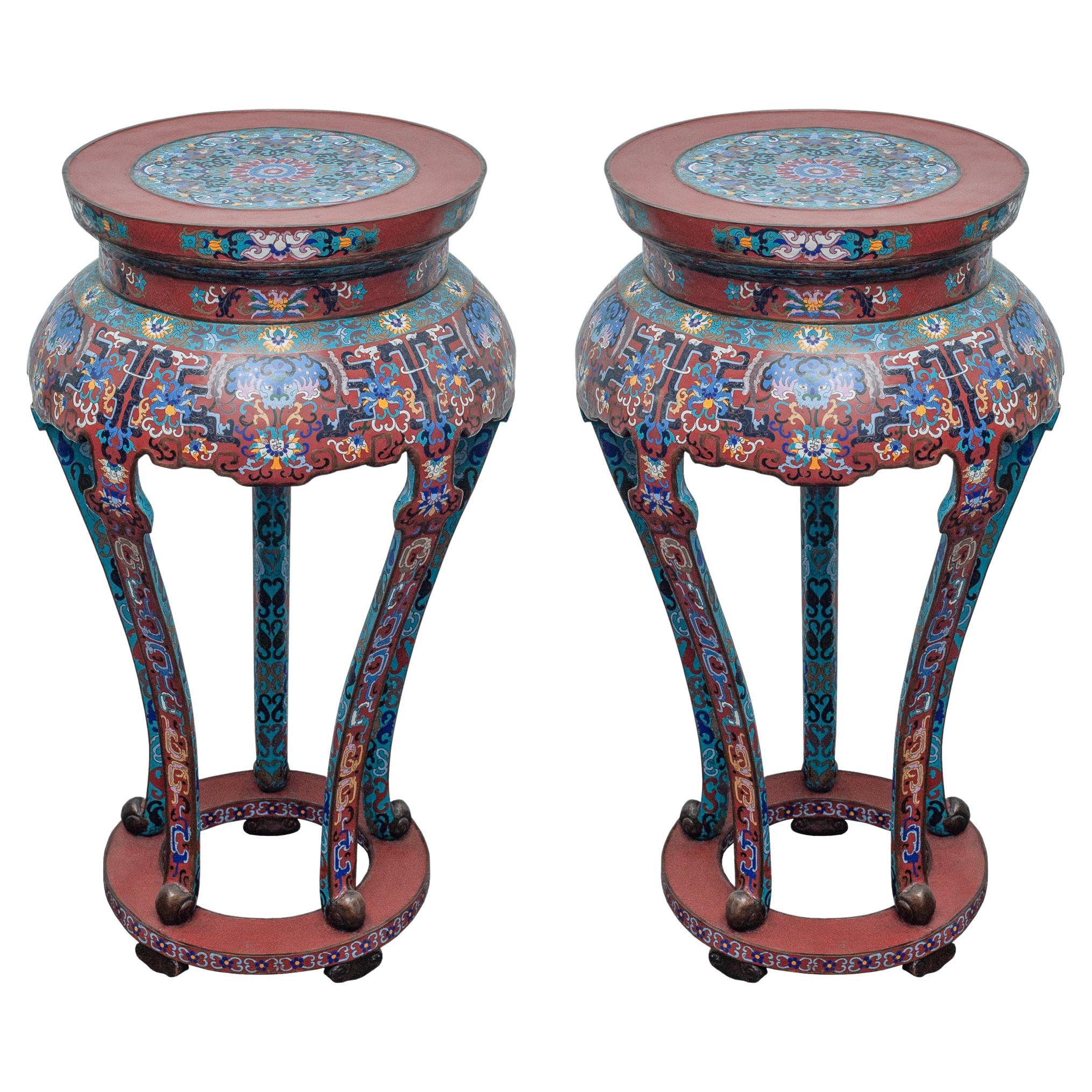 Antique Pair of Red, Blue and Multicoloured Cloisonné Tables