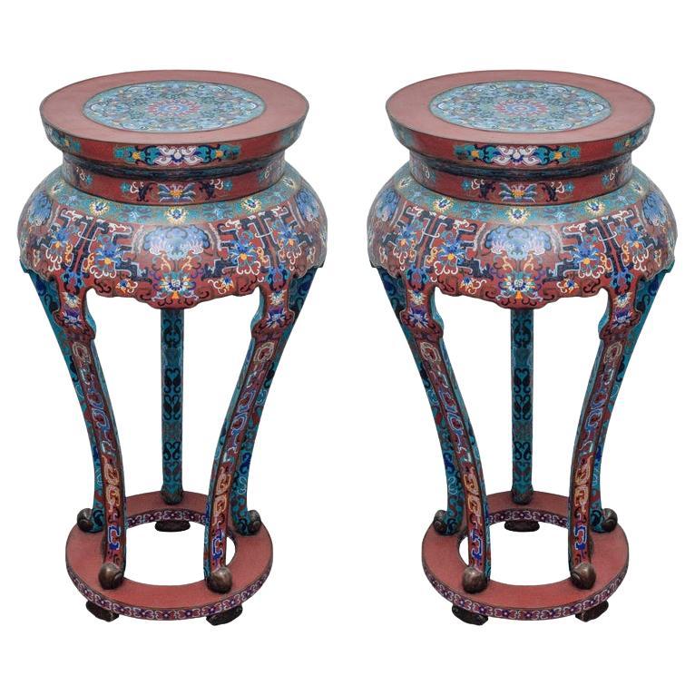 Antique Pair of Red, Blue and Multicoloured Cloisonné Tables