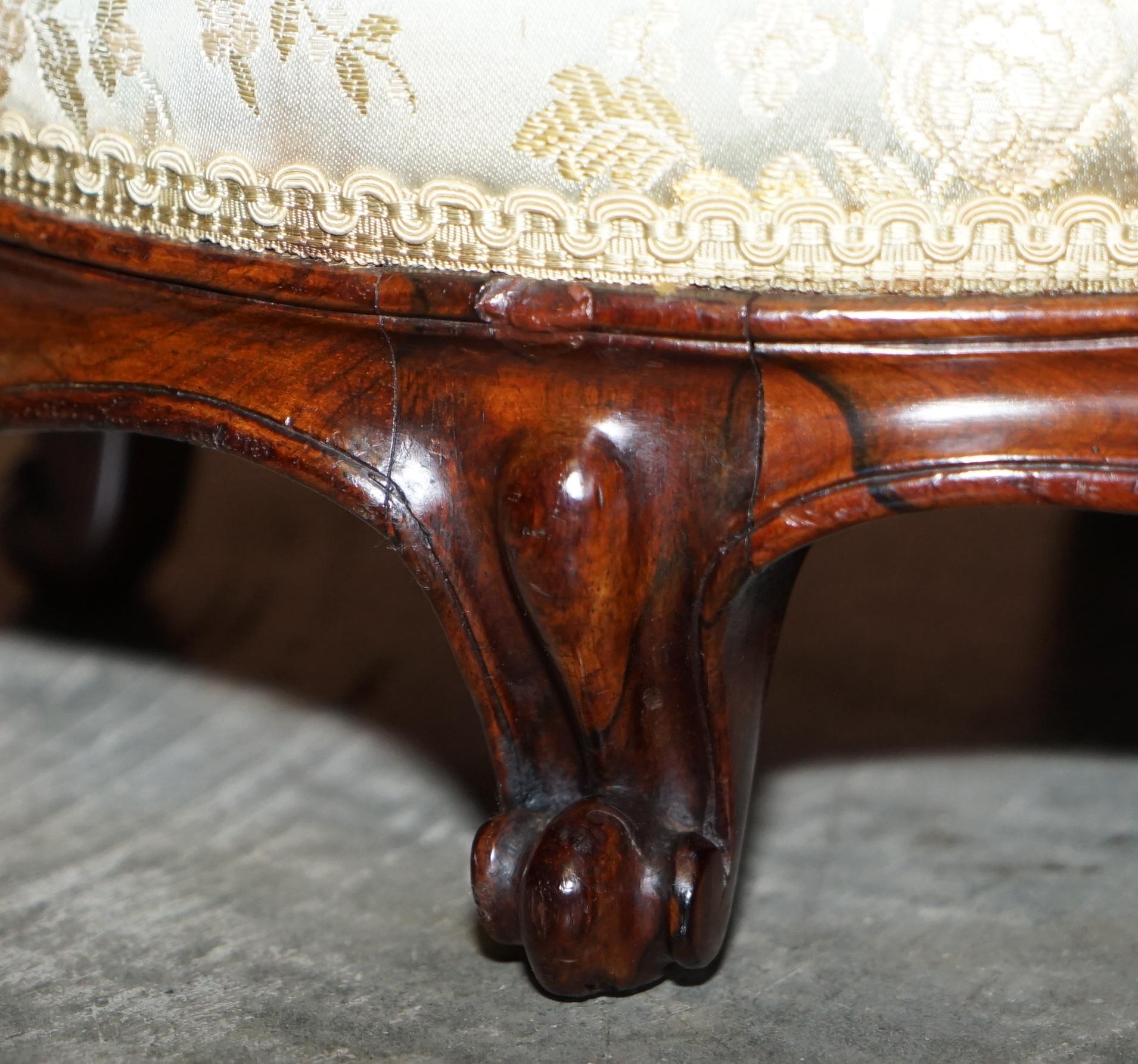 English Antique Pair of Regency Hardwood Round Footstools Silk Embroidered Upholstery