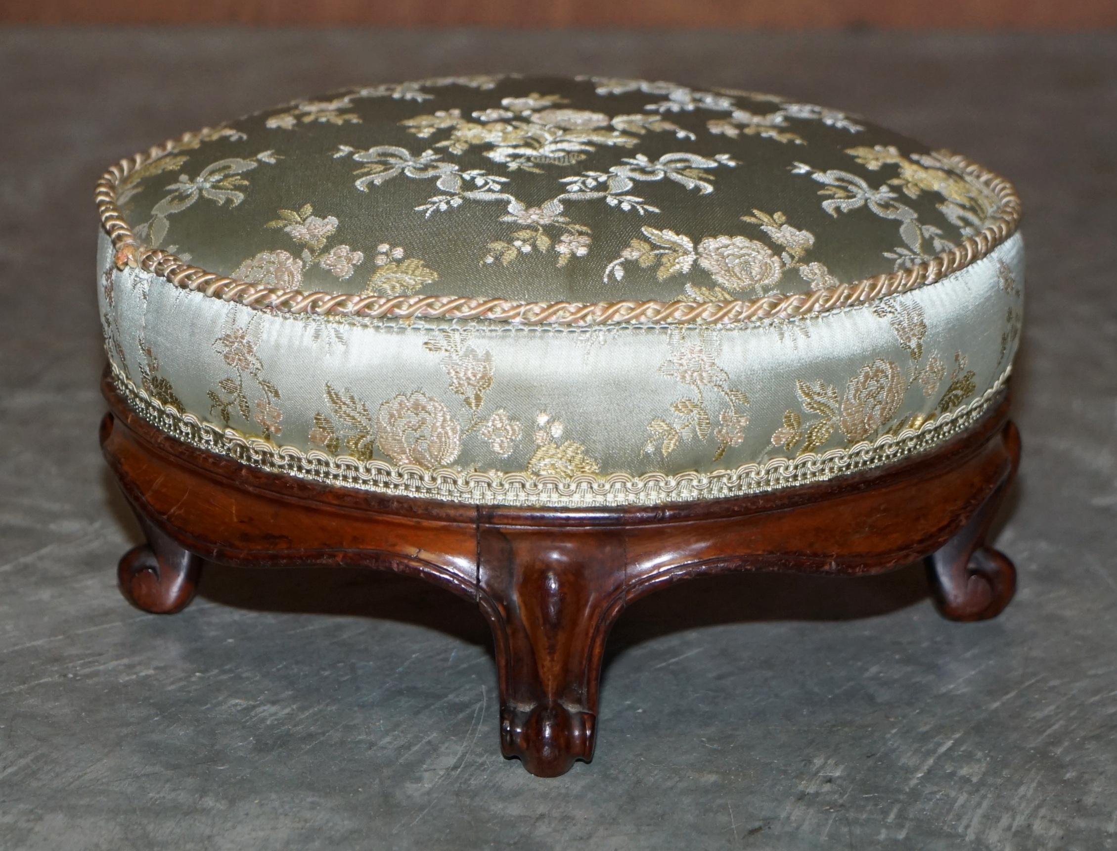 Antique Pair of Regency Hardwood Round Footstools Silk Embroidered Upholstery 1