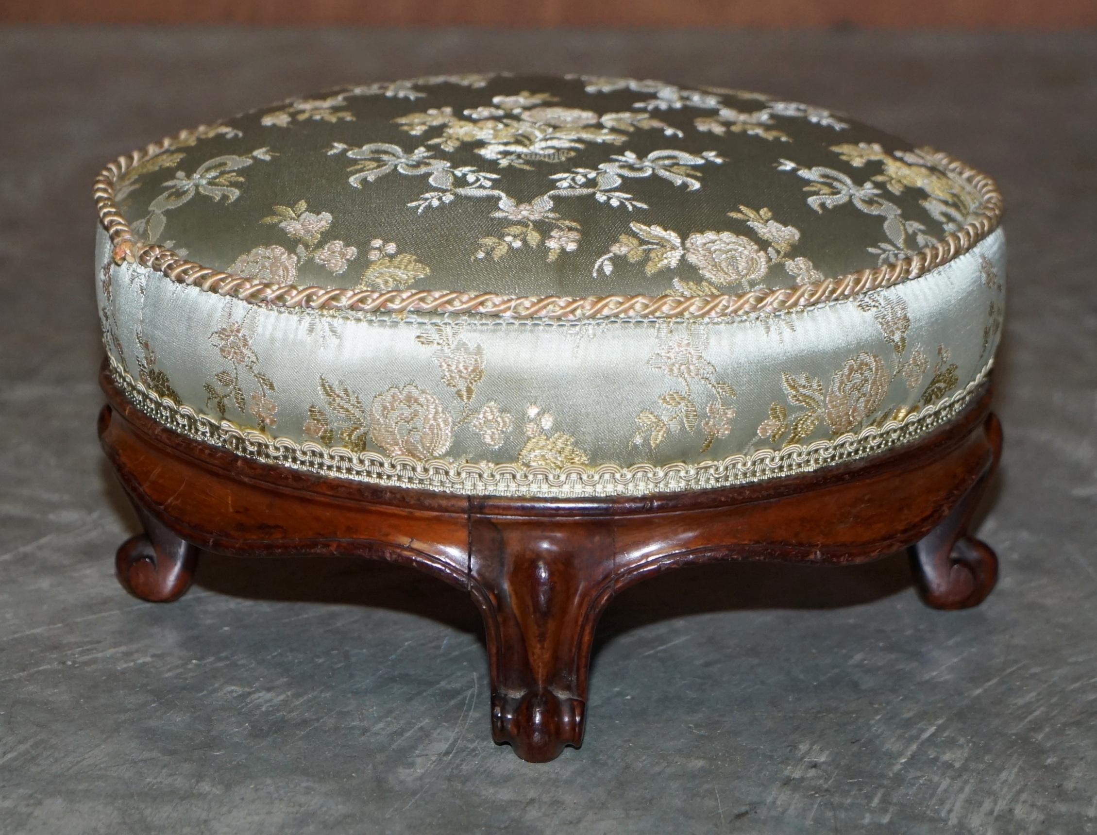 19th Century Antique Pair of Regency Hardwood Round Footstools Silk Embroidered Upholstery