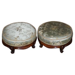 Antique Pair of Regency Hardwood Round Footstools Silk Embroidered Upholstery