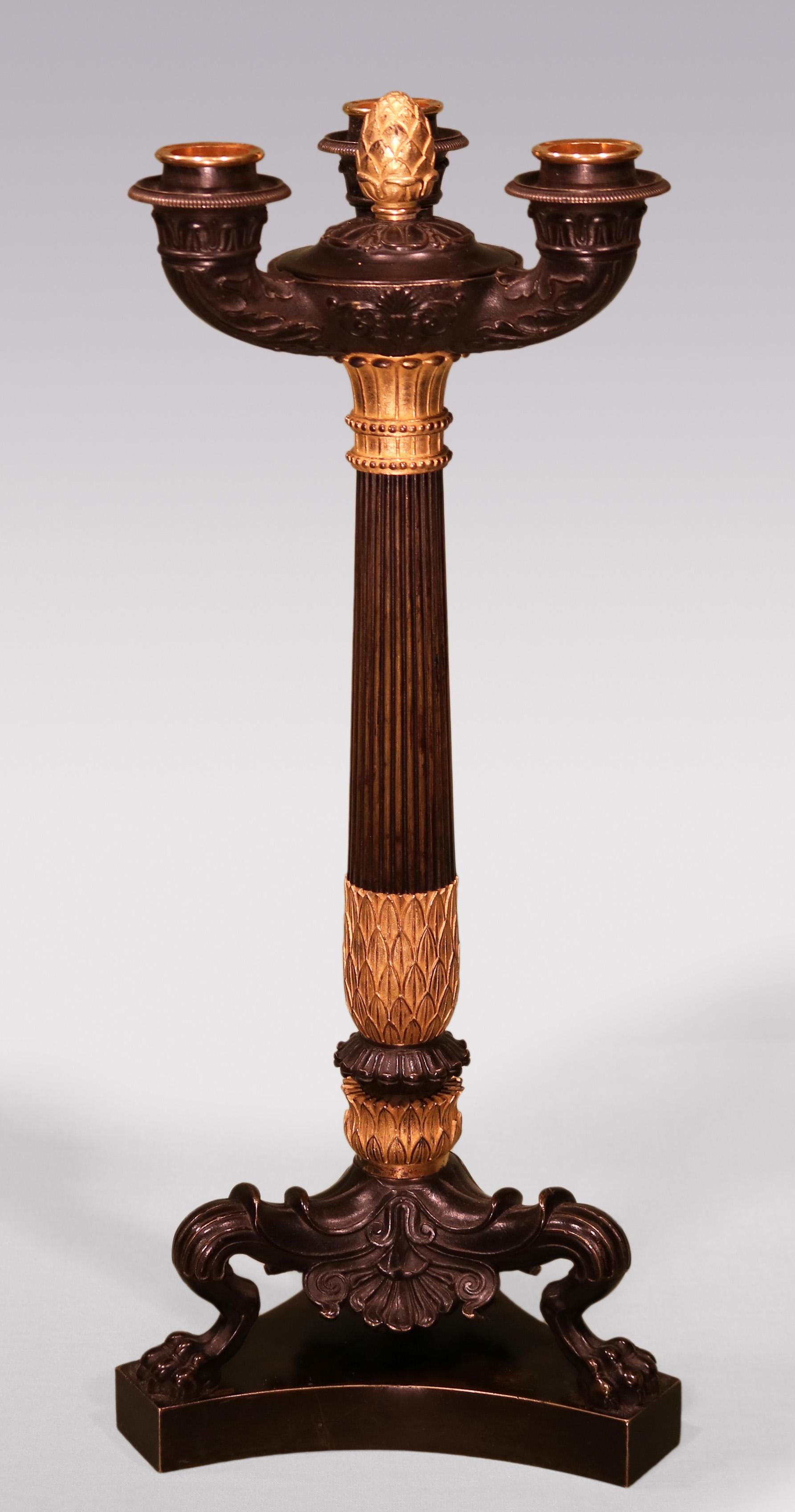 English Antique Pair of Regency period bronze and ormolu 3-light candelabra For Sale