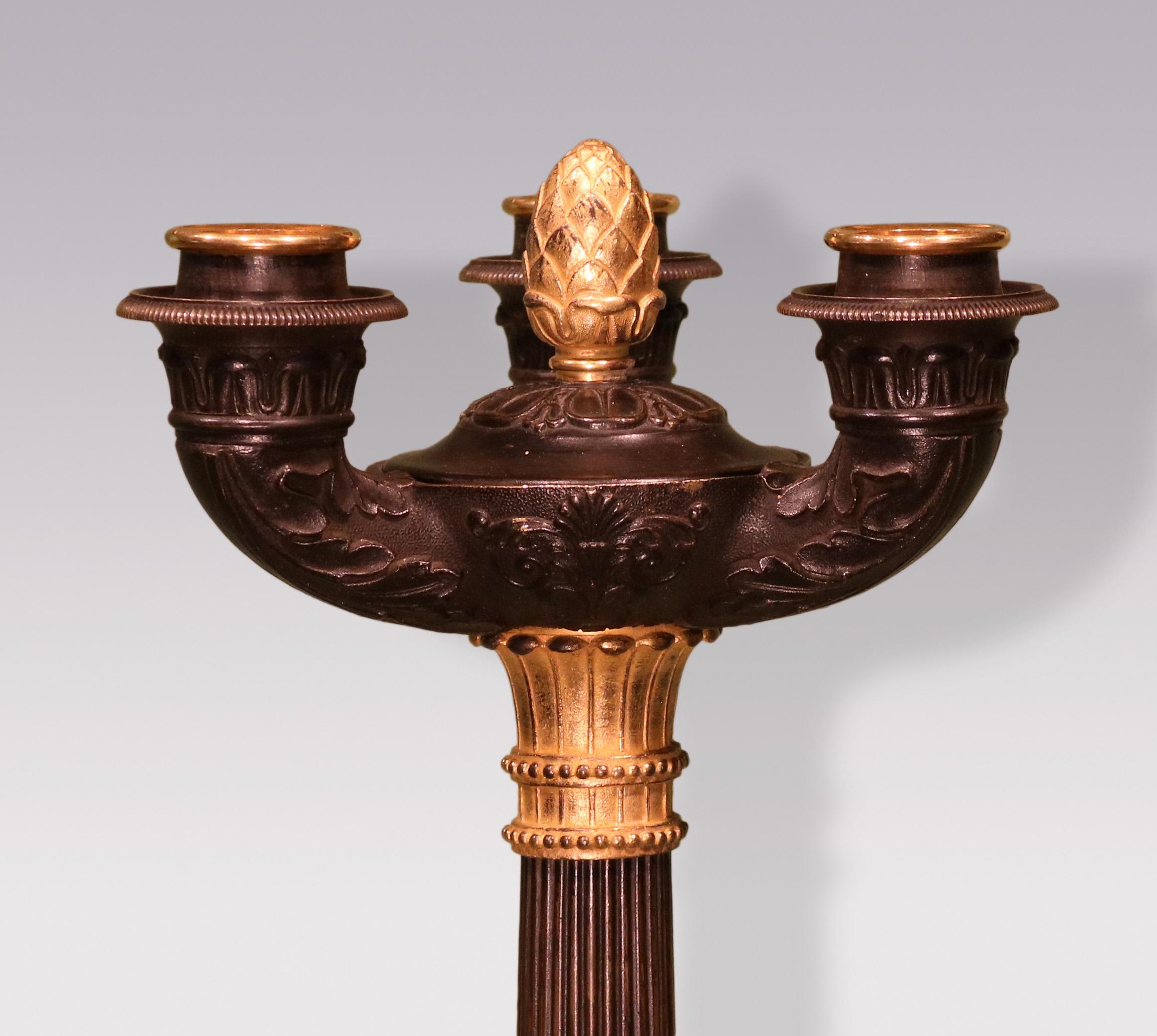 Antique Pair of Regency period bronze and ormolu 3-light candelabra In Good Condition For Sale In London, GB