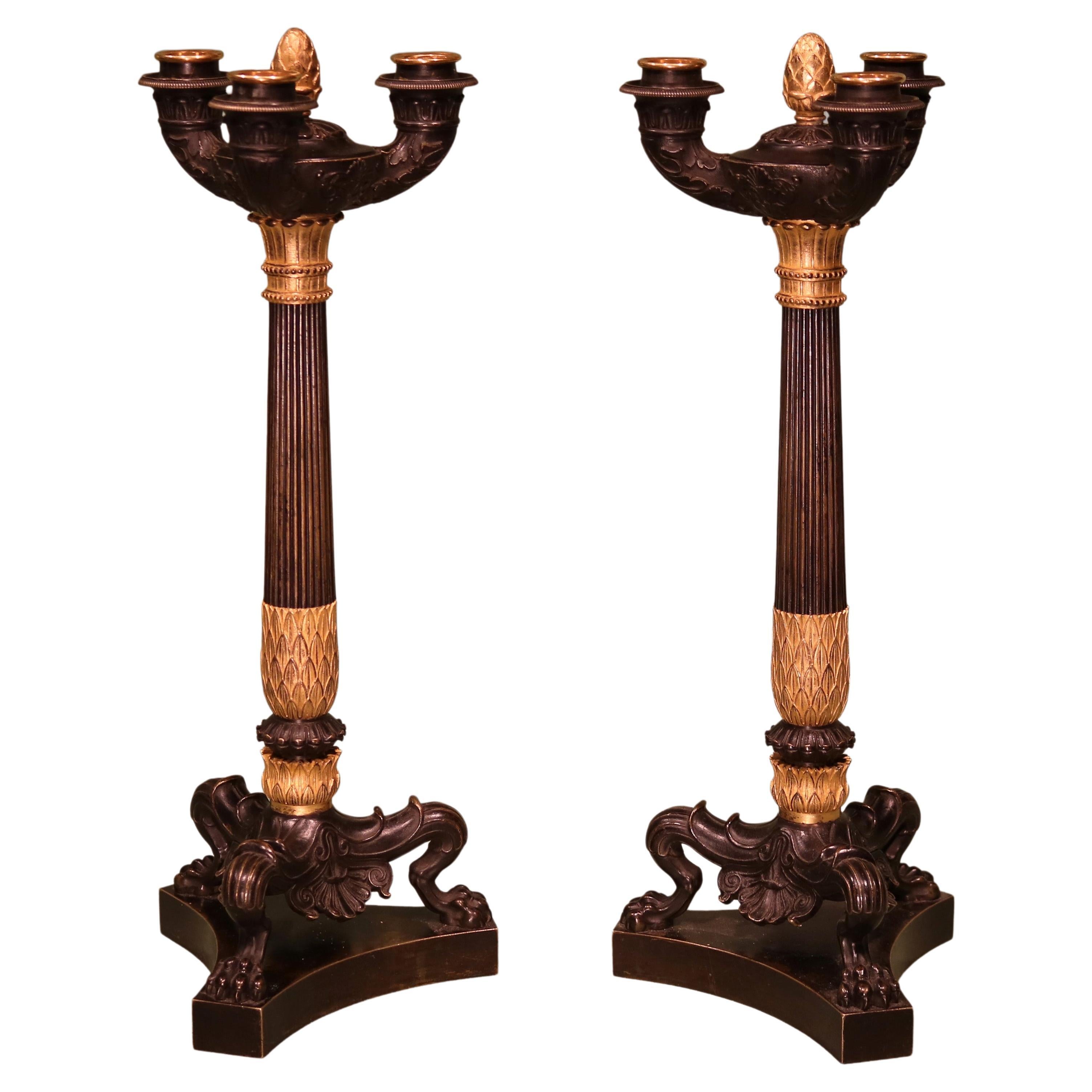 Antique Pair of Regency period bronze and ormolu 3-light candelabra For Sale