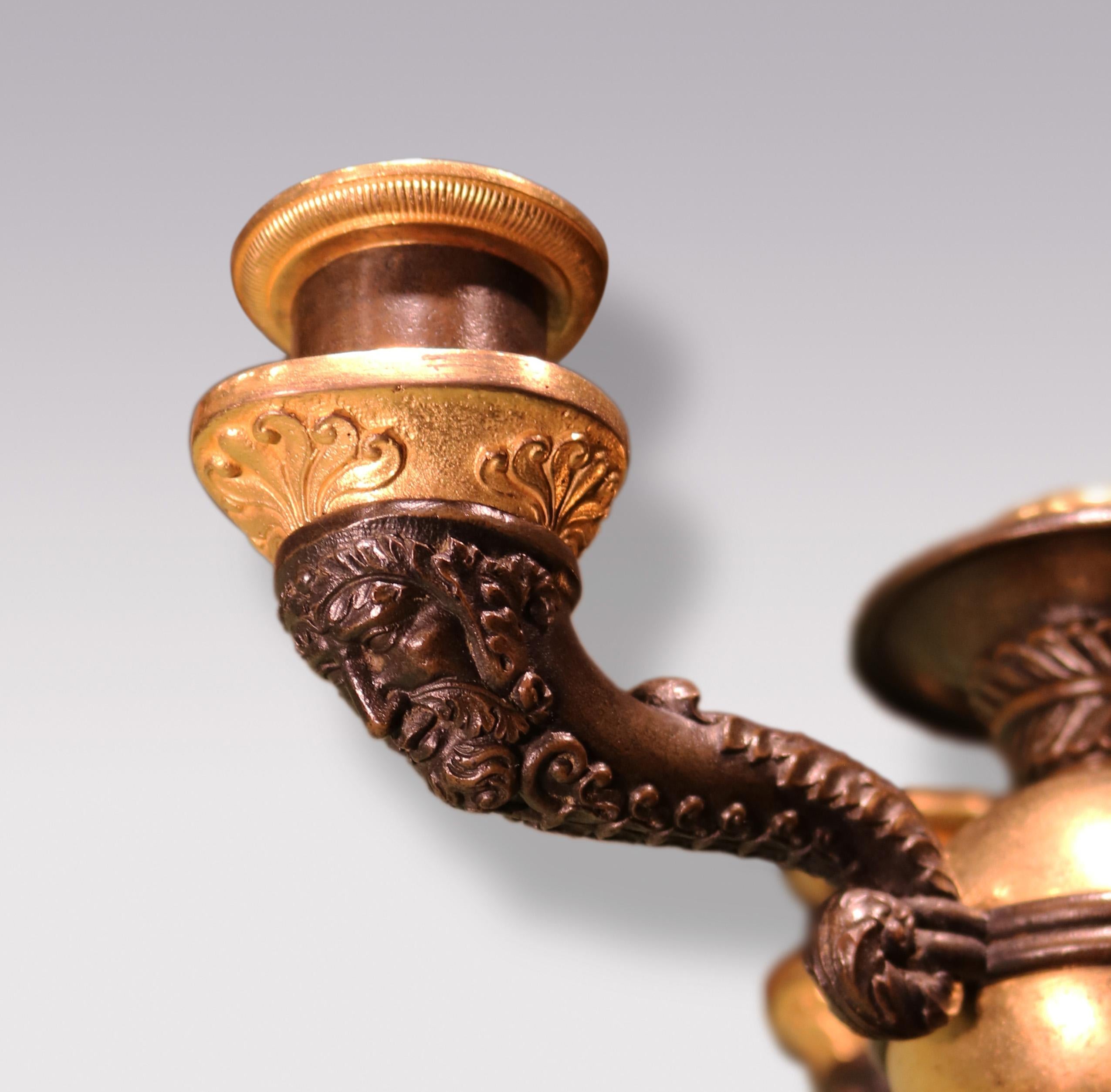 English Antique pair of Regency period bronze and ormolu 4-light candelabra For Sale