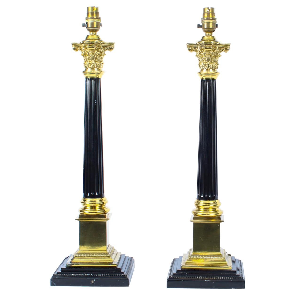 Antique Pair of Regency Style Corinthian Column Table Lamps Late 19th Century