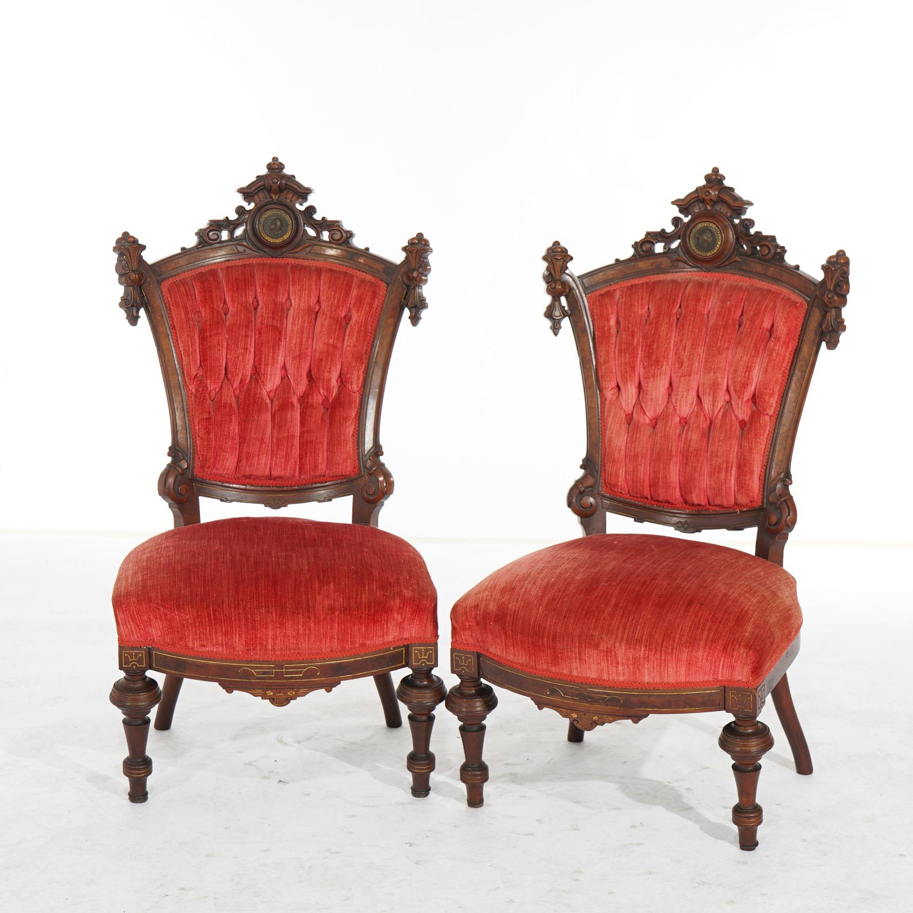 Antique Pair of Renaissance Egyptian Revival Walnut & Burl Cleopatra Side Chairs In Good Condition In Big Flats, NY