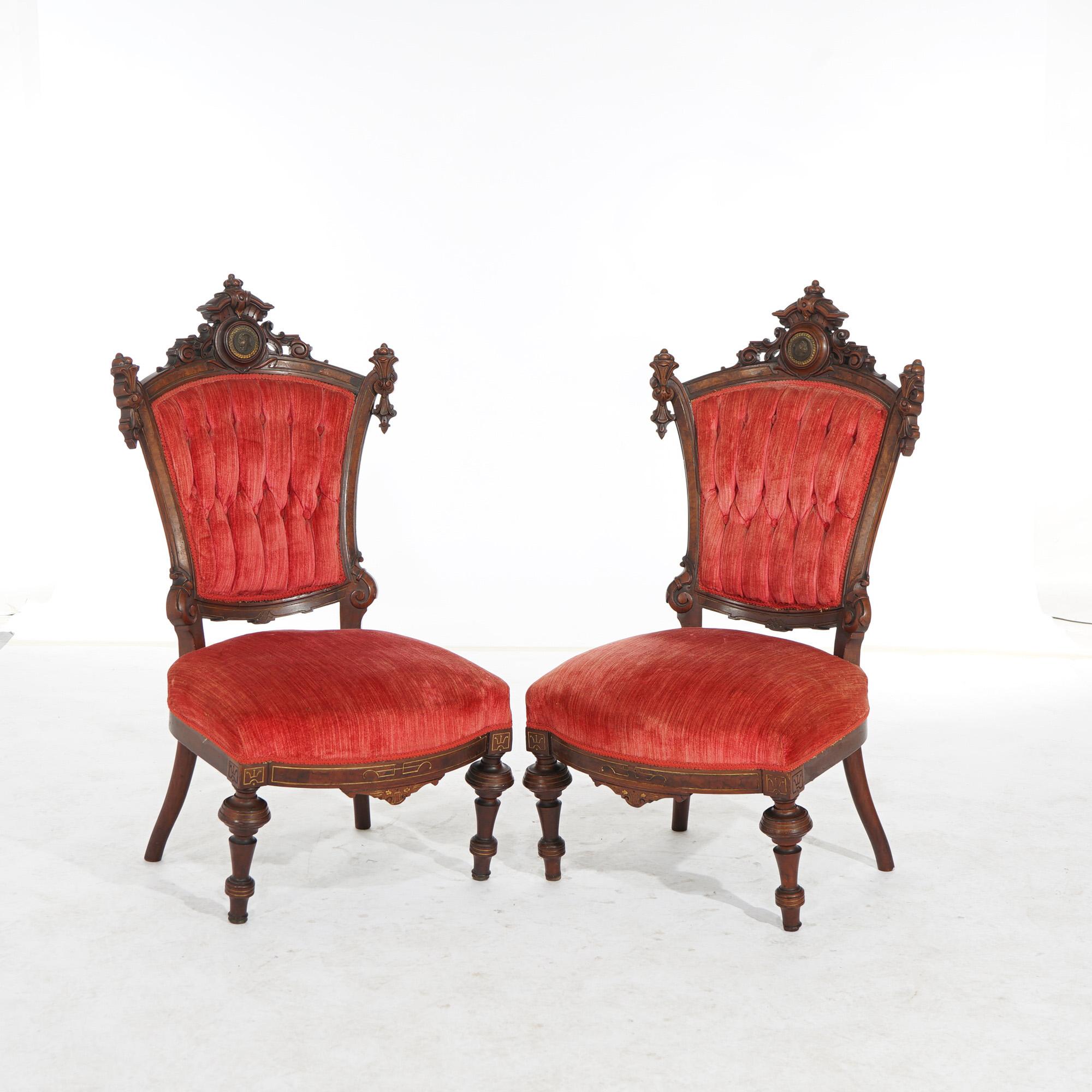 19th Century Antique Pair of Renaissance Egyptian Revival Walnut & Burl Cleopatra Side Chairs For Sale