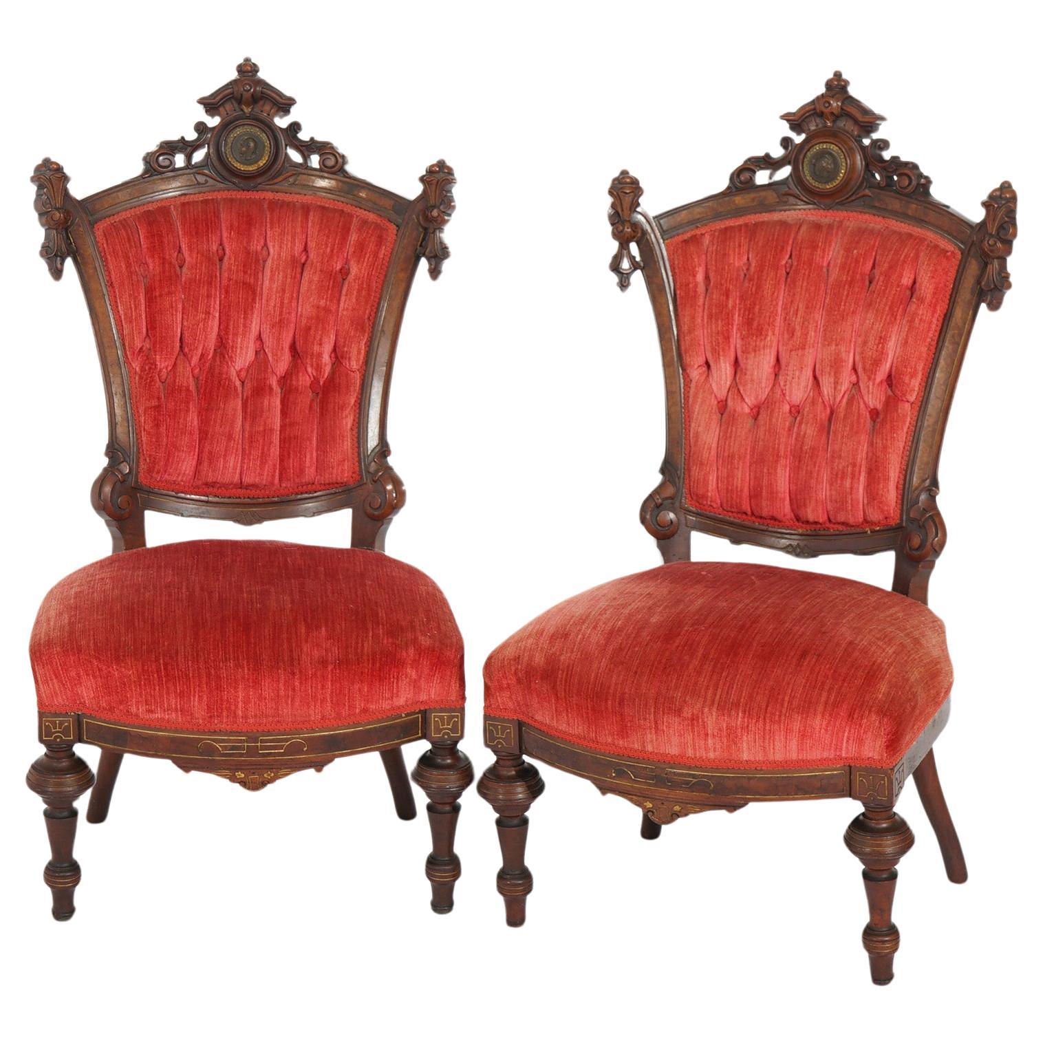 Antique Pair of Renaissance Egyptian Revival Walnut & Burl Cleopatra Side Chairs For Sale
