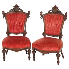 Antique Pair of Renaissance Egyptian Revival Walnut & Burl Cleopatra Side Chairs