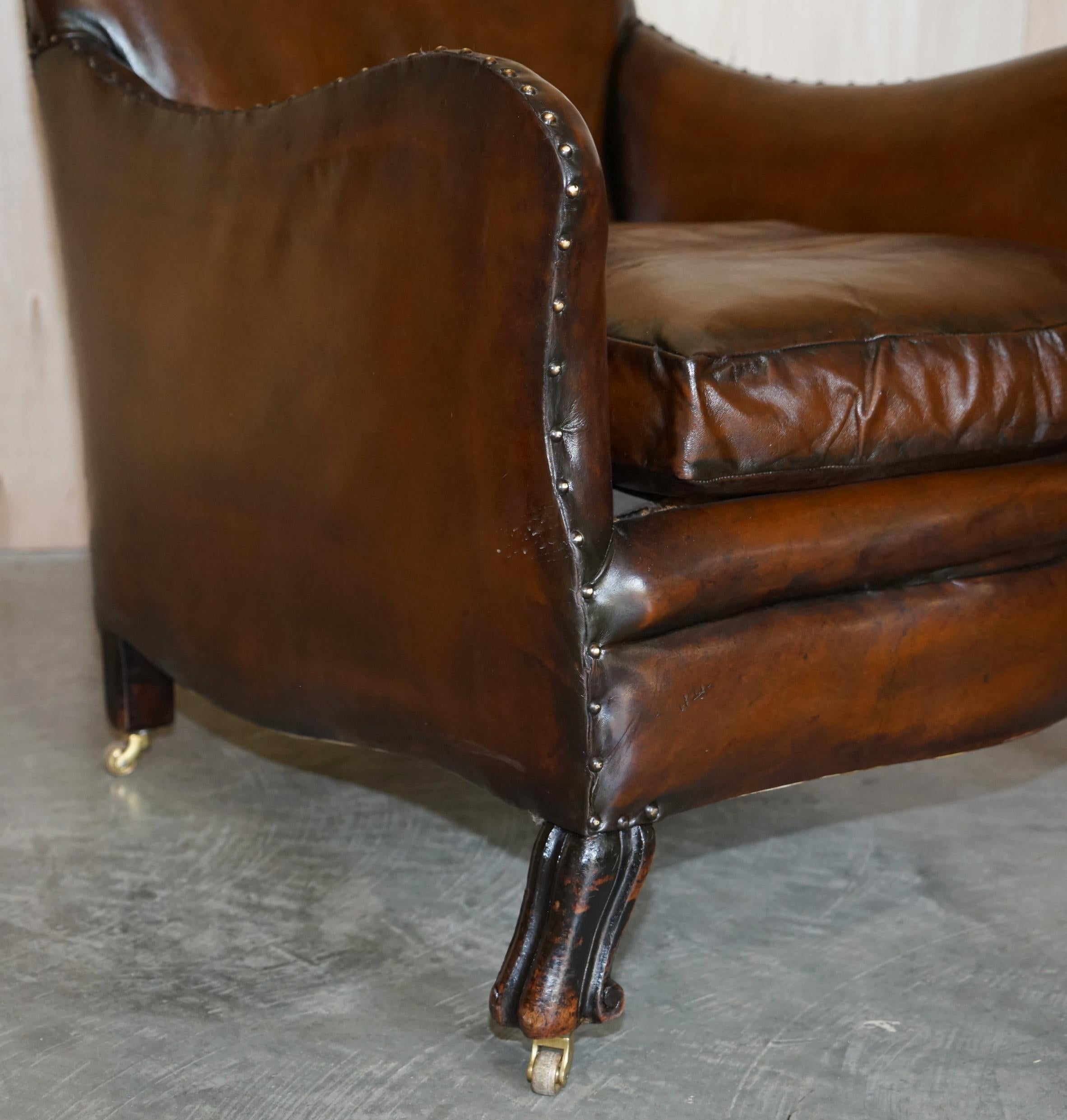 Antique Pair of Restored Victorian Cigar Brown Leather Armchairs Carved Legs For Sale 8