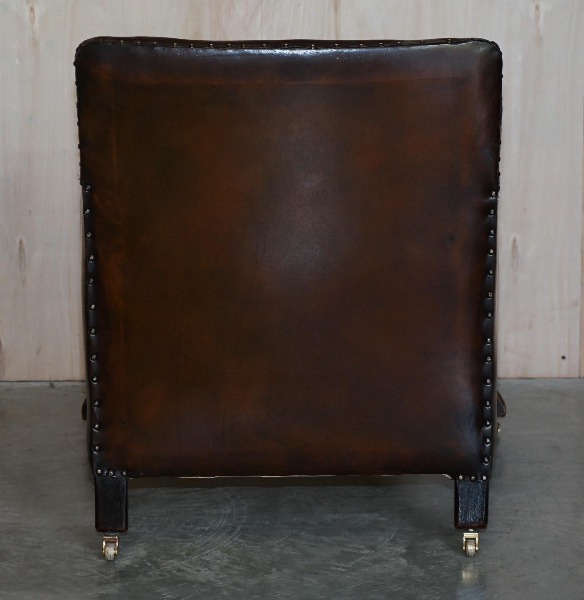 Antique Pair of Restored Victorian Cigar Brown Leather Armchairs Carved Legs For Sale 10