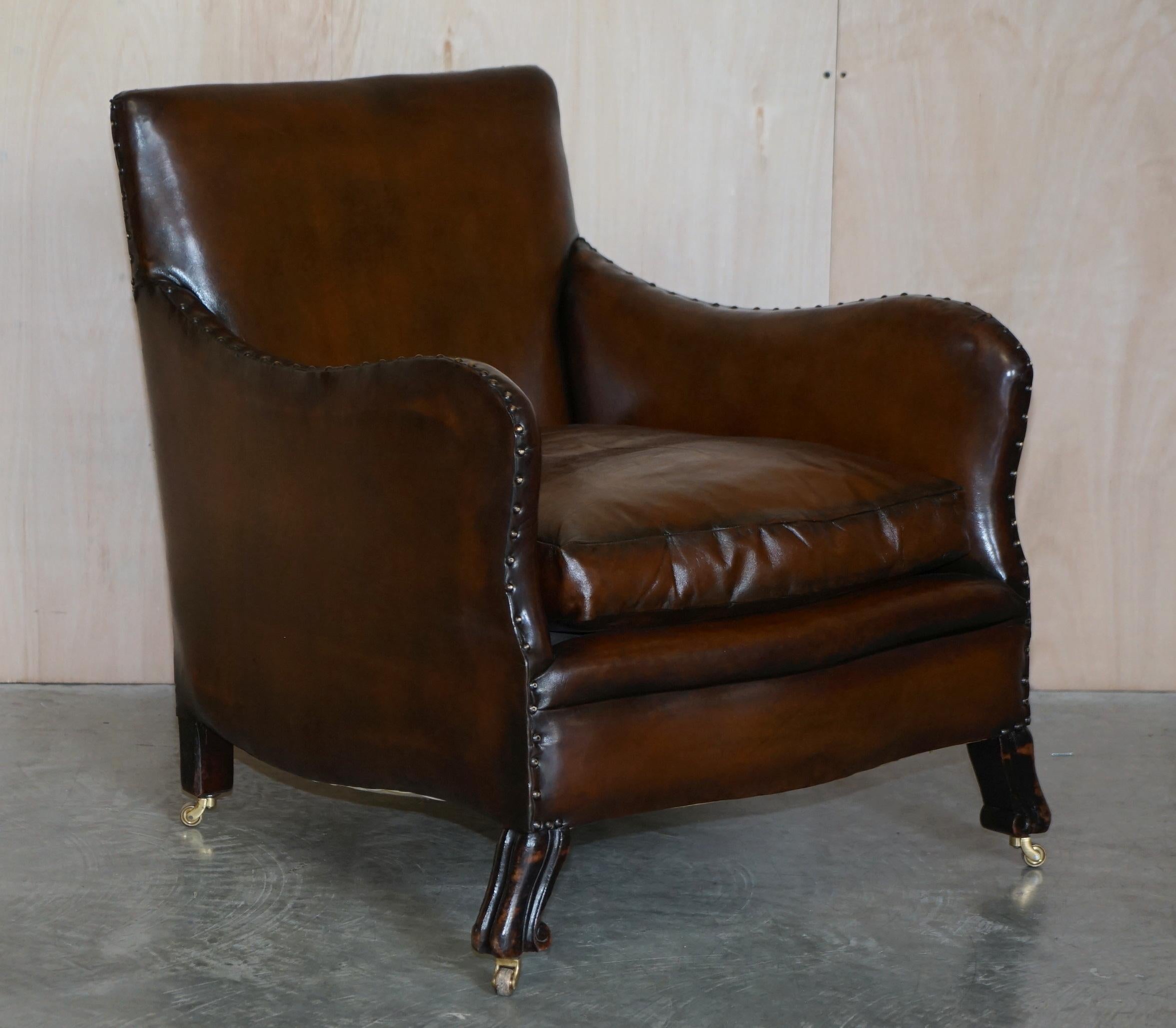 Antique Pair of Restored Victorian Cigar Brown Leather Armchairs Carved Legs For Sale 13