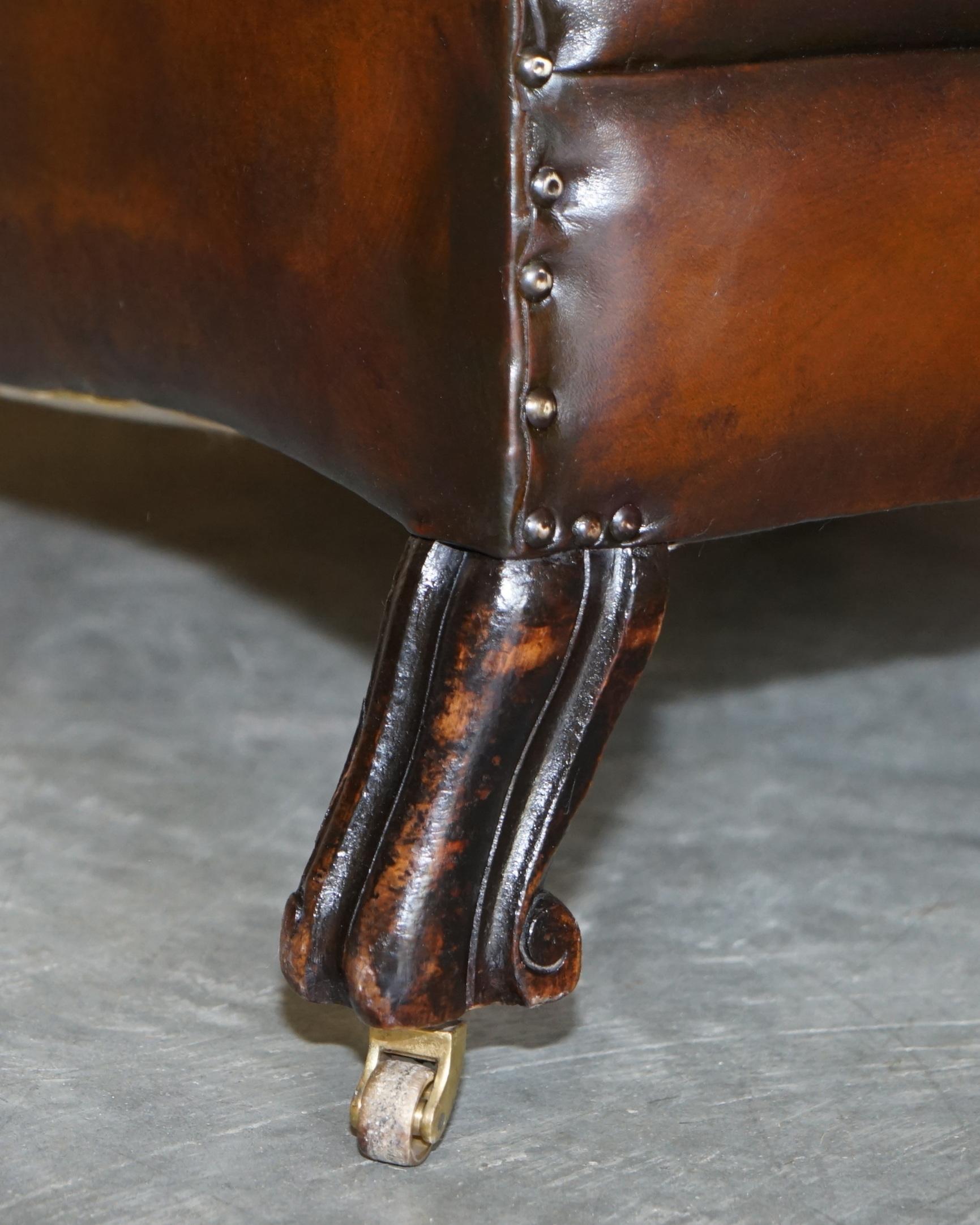 Antique Pair of Restored Victorian Cigar Brown Leather Armchairs Carved Legs For Sale 14