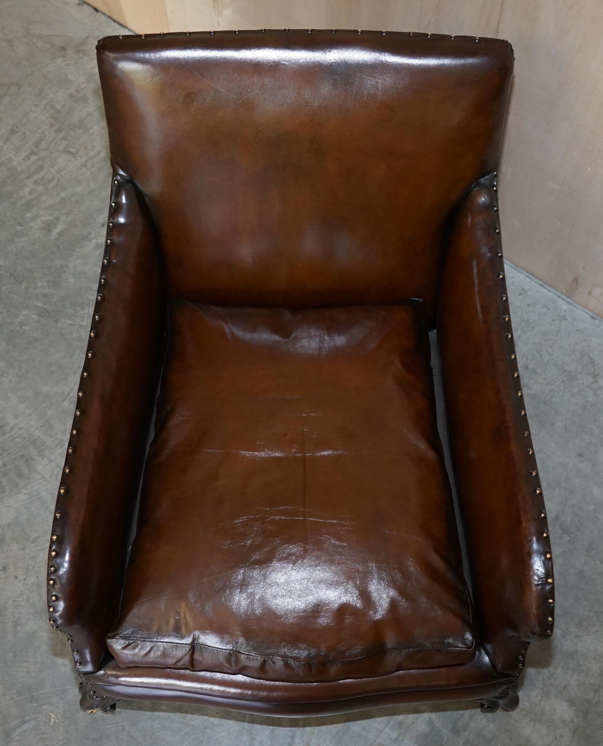 Antique Pair of Restored Victorian Cigar Brown Leather Armchairs Carved Legs For Sale 15