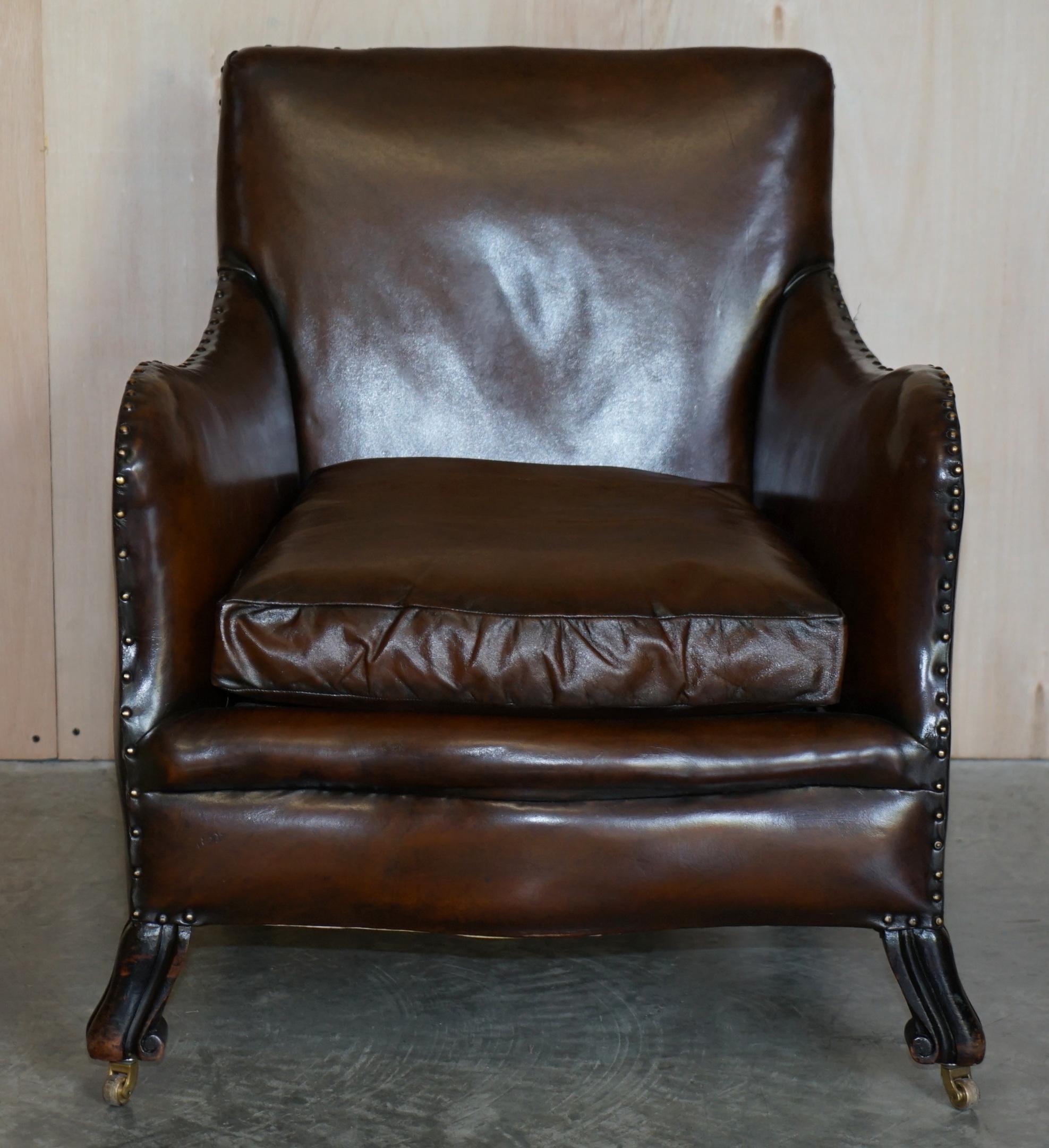 English Antique Pair of Restored Victorian Cigar Brown Leather Armchairs Carved Legs For Sale