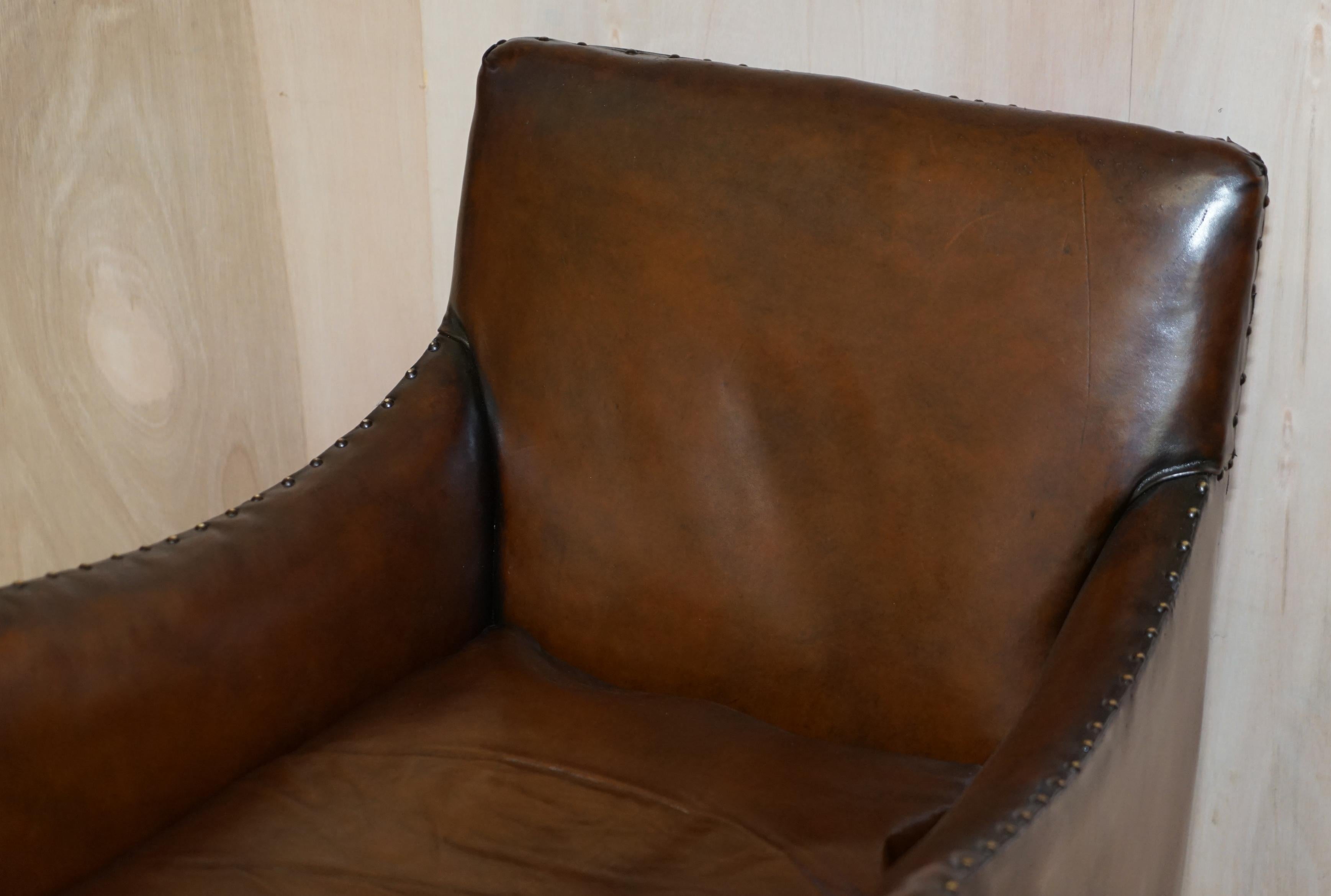 Hand-Crafted Antique Pair of Restored Victorian Cigar Brown Leather Armchairs Carved Legs For Sale