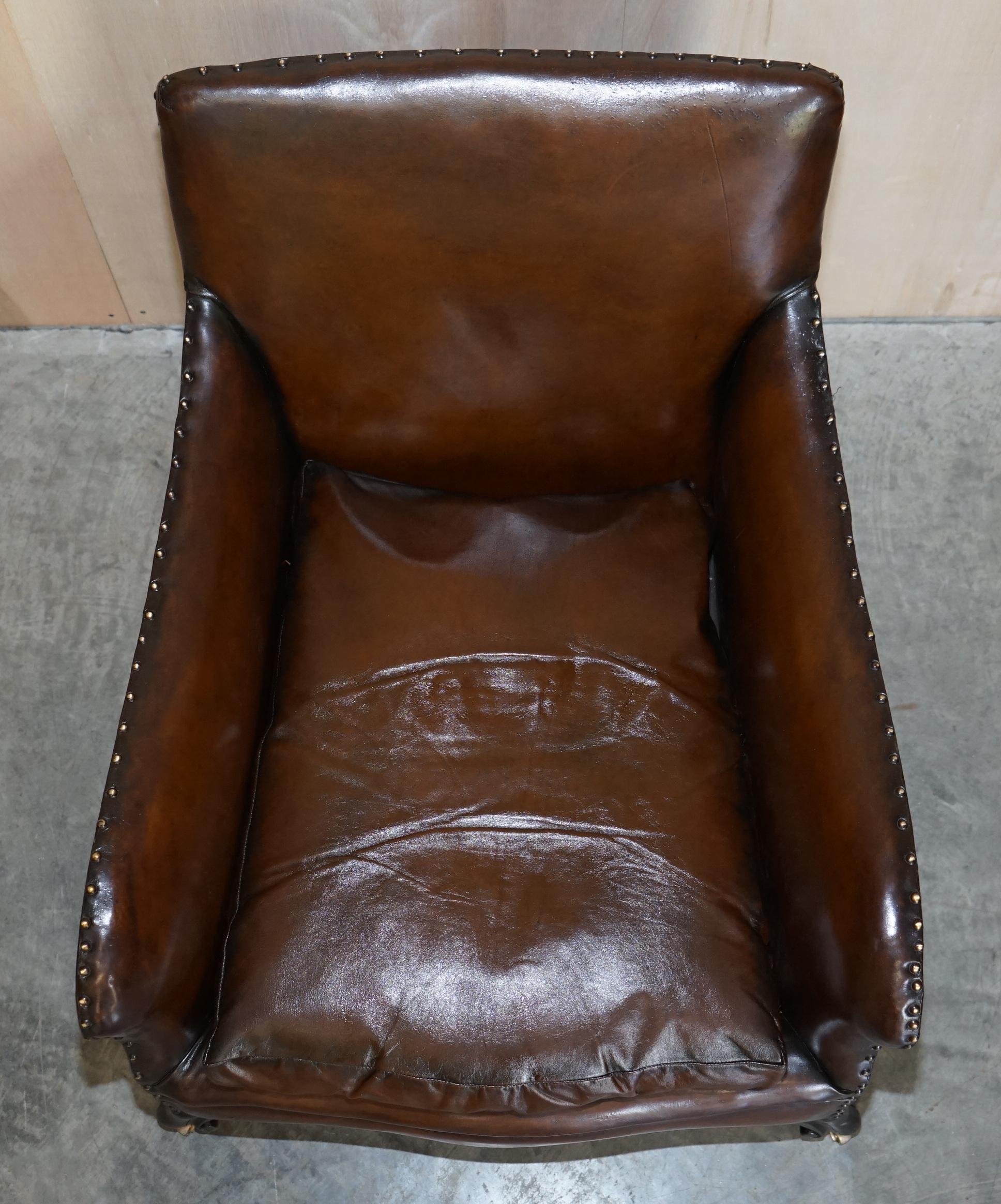 19th Century Antique Pair of Restored Victorian Cigar Brown Leather Armchairs Carved Legs For Sale