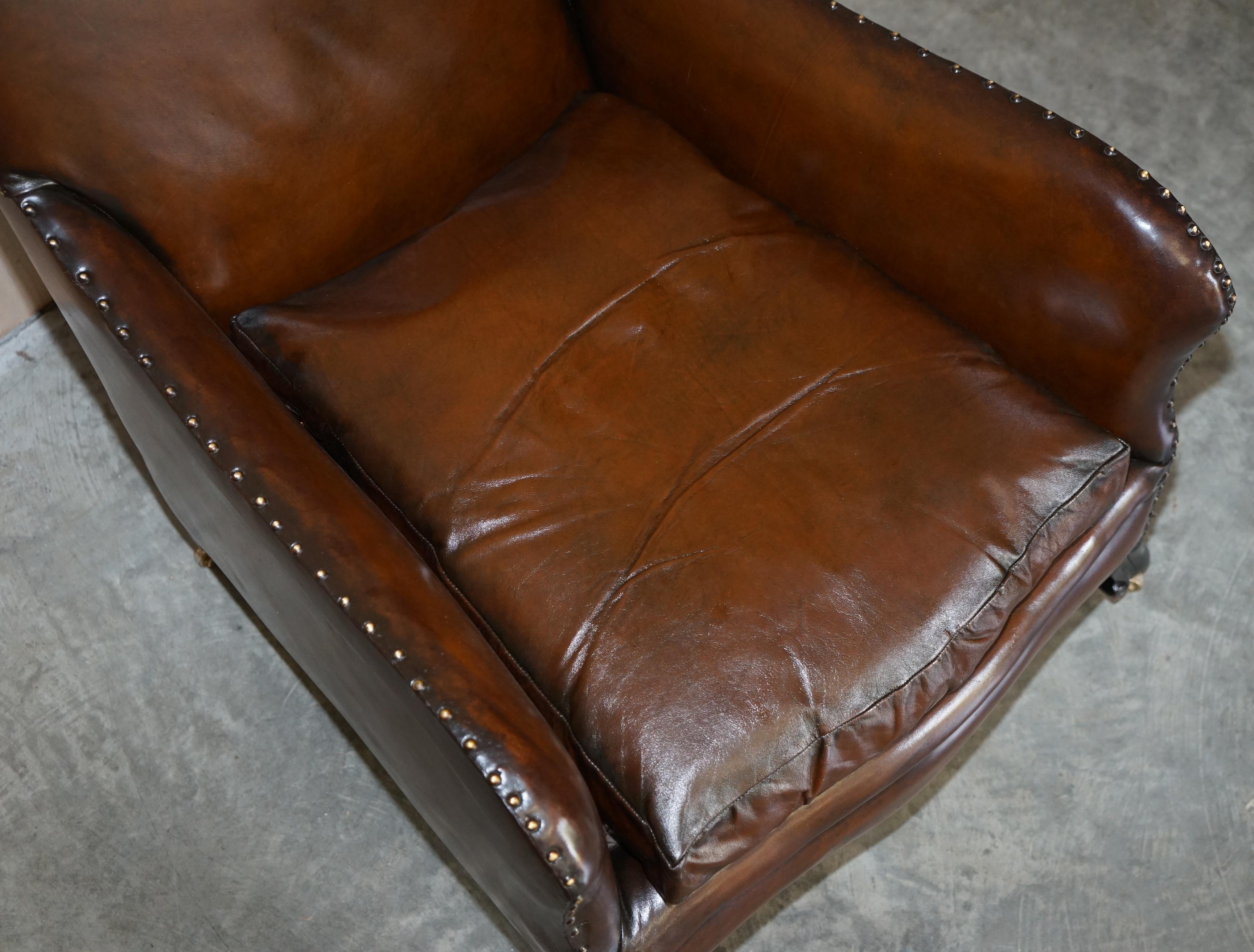 Antique Pair of Restored Victorian Cigar Brown Leather Armchairs Carved Legs For Sale 1