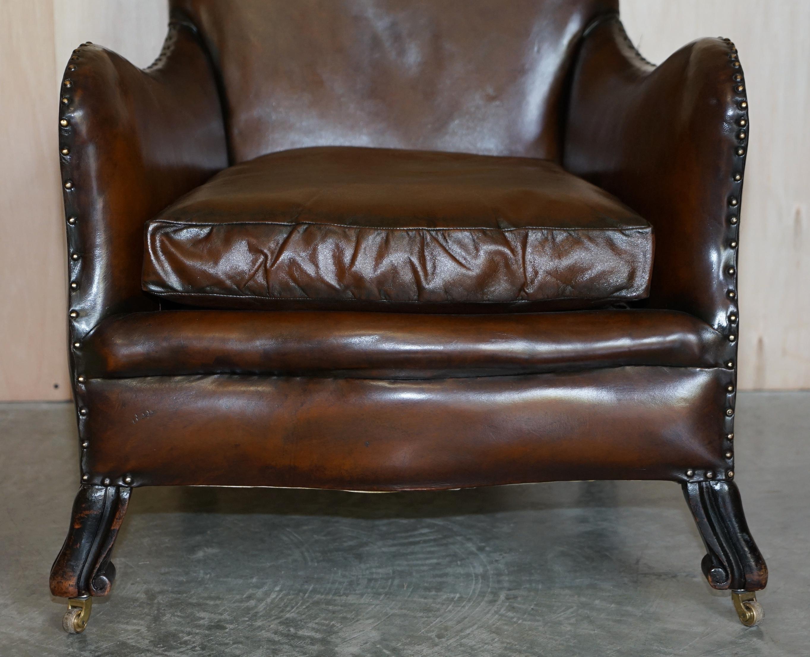 Antique Pair of Restored Victorian Cigar Brown Leather Armchairs Carved Legs For Sale 4