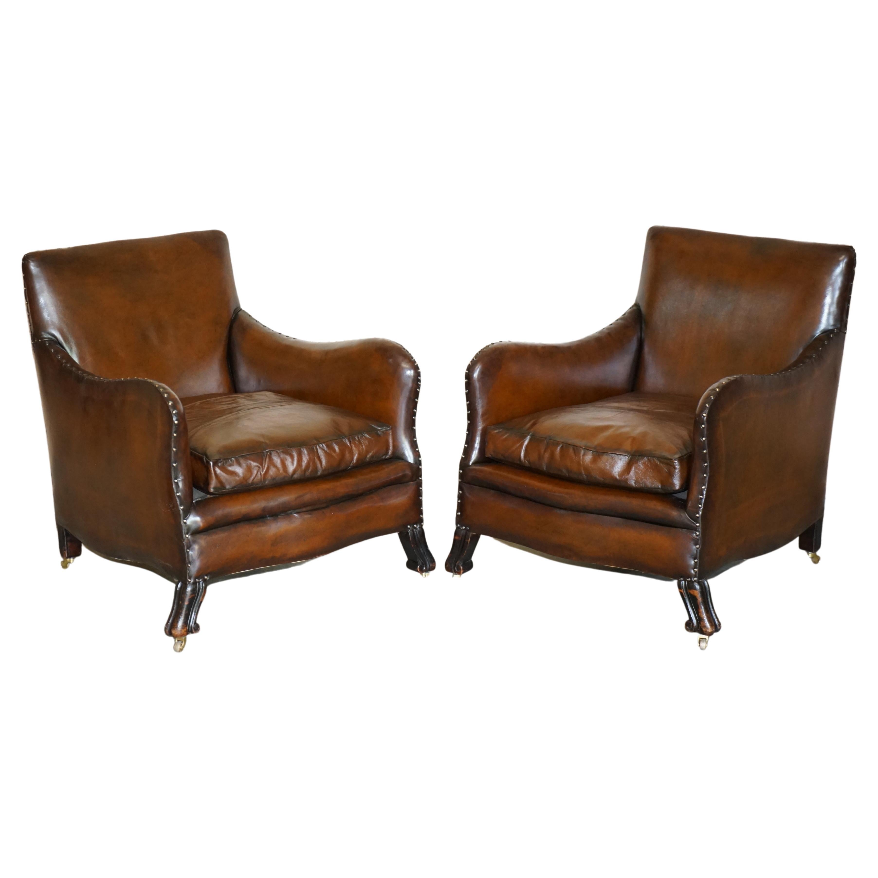 Antique Pair of Restored Victorian Cigar Brown Leather Armchairs Carved Legs