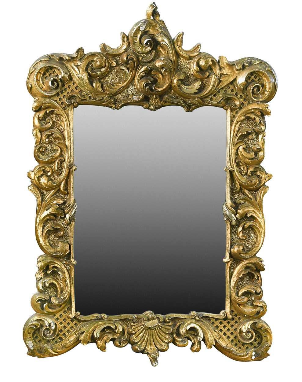 Antiguo par de espejos de pared italianos de estilo rococó con marco dorado de la década de 1800 Rococó en venta