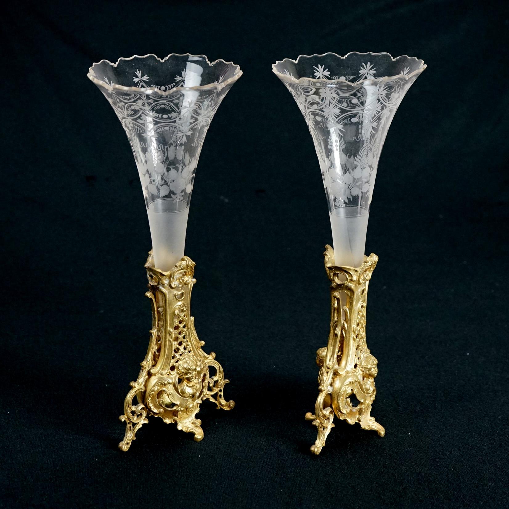 French Antique Pair of Rococo Trumpet Vases Ormolu Base with Etched & Cut Glass C1890