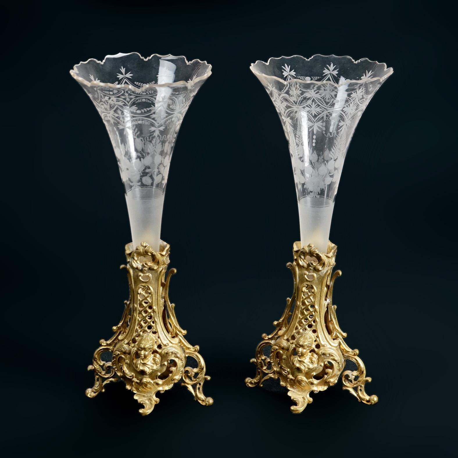 Antique Pair of Rococo Trumpet Vases Ormolu Base with Etched & Cut Glass C1890 In Good Condition In Big Flats, NY