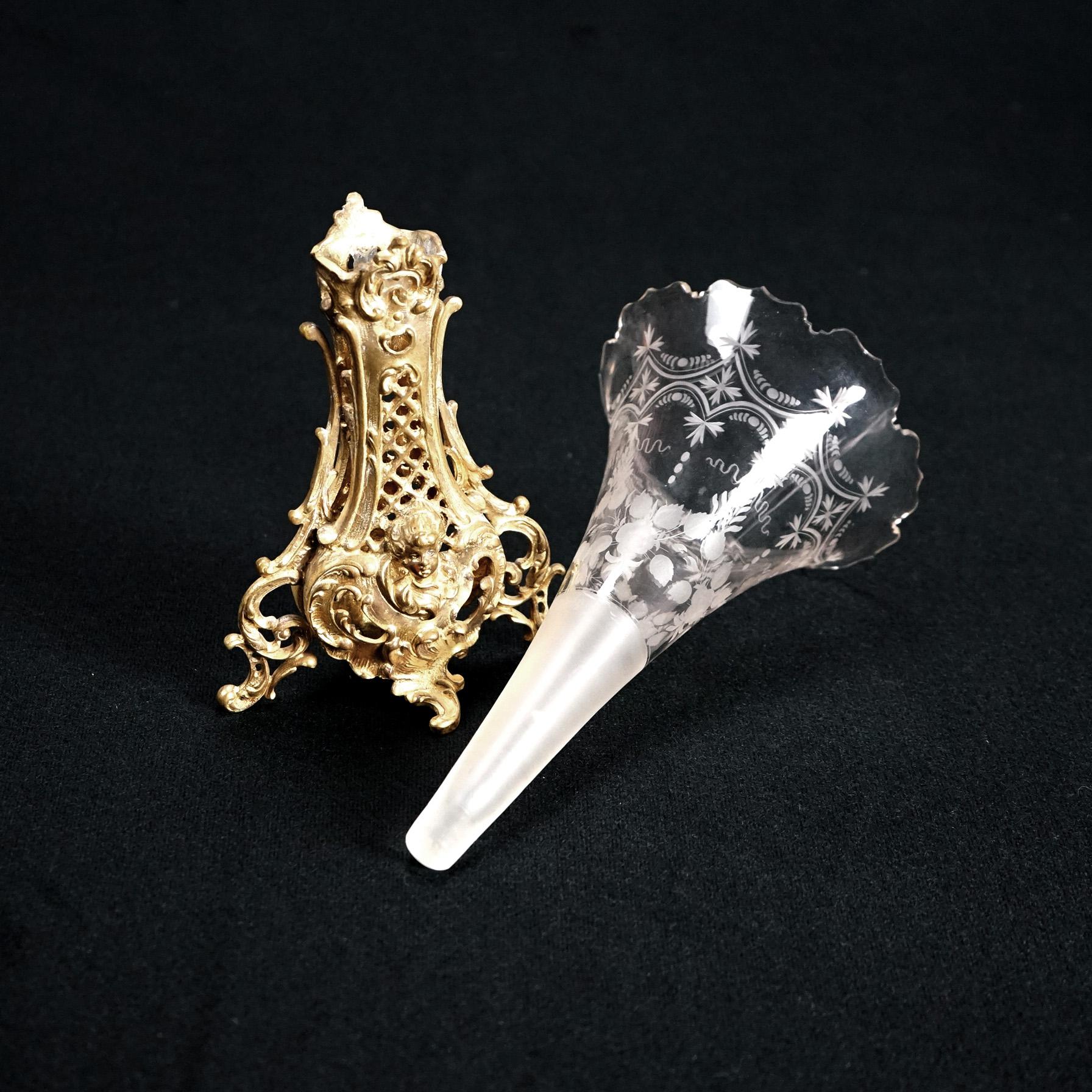 19th Century Antique Pair of Rococo Trumpet Vases Ormolu Base with Etched & Cut Glass C1890