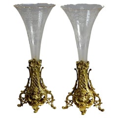Antique Pair of Rococo Trumpet Vases Ormolu Base with Etched & Cut Glass C1890