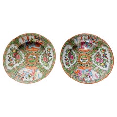 Antique Pair of Rose Medallion Export Porcelain Soup Bowls, Ca. 19th Century