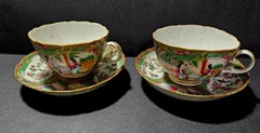 Antique Pair of Rose Medallion Export Porcelain Cups & Saucers, Ca. 1840