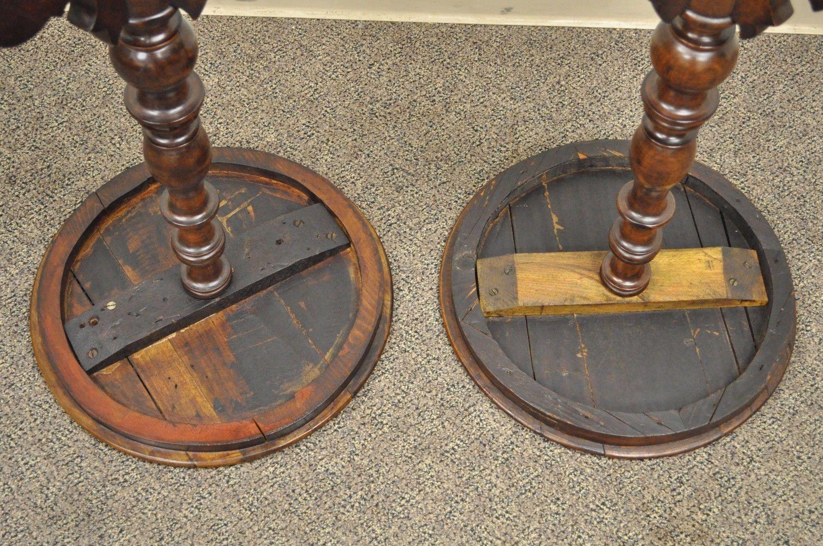 Antique Pair of Round Carved Walnut Colonial Pedestal Side End Tables 5