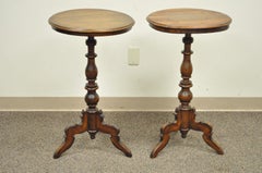 Antique Pair of Round Carved Walnut Colonial Pedestal Side End Tables
