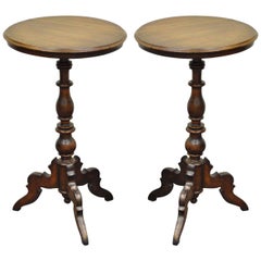 Antique Pair of Round Carved Walnut Colonial Pedestal Side End Tables