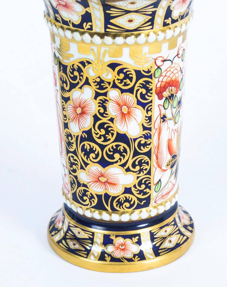 English Antique Pair of Royal Crown Derby Imari Trumpet Shaped Spill Vases, 1919