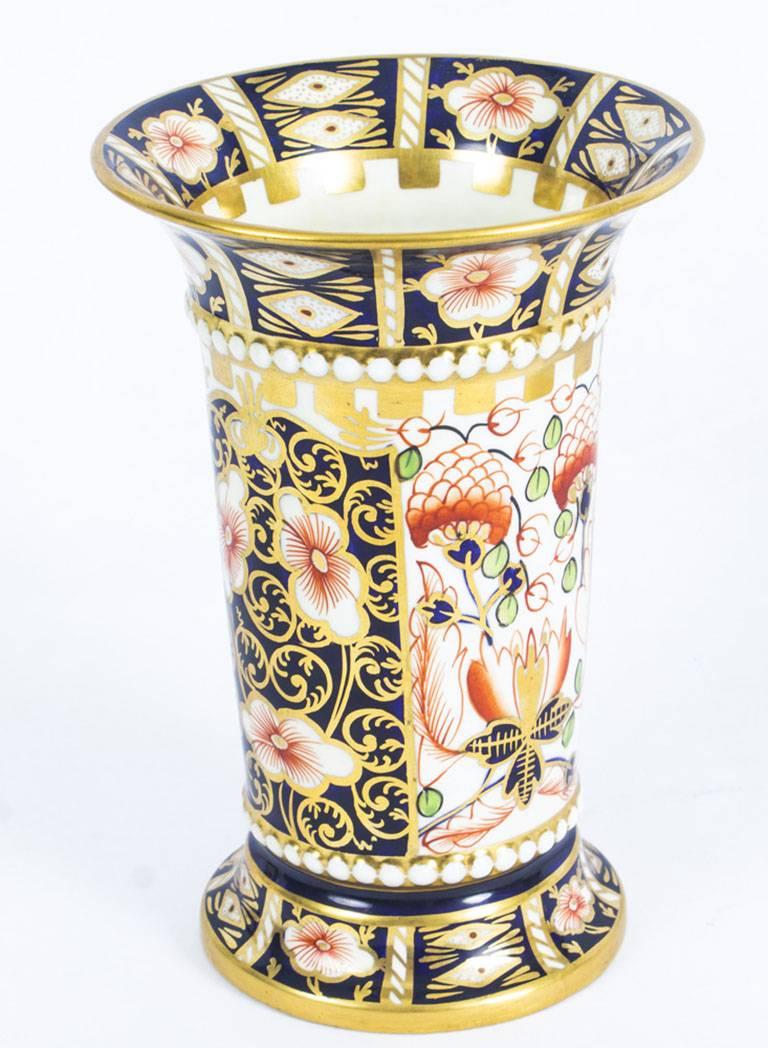 Antique Pair of Royal Crown Derby Imari Trumpet Shaped Spill Vases