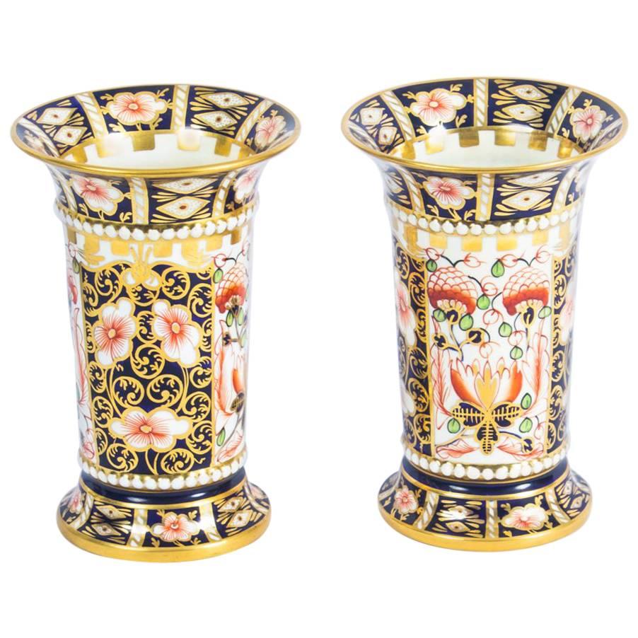 Antique Pair of Royal Crown Derby Imari Trumpet Shaped Spill Vases, 1919