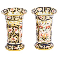 Antique Pair of Royal Crown Derby Imari Trumpet Shaped Spill Vases, 1919